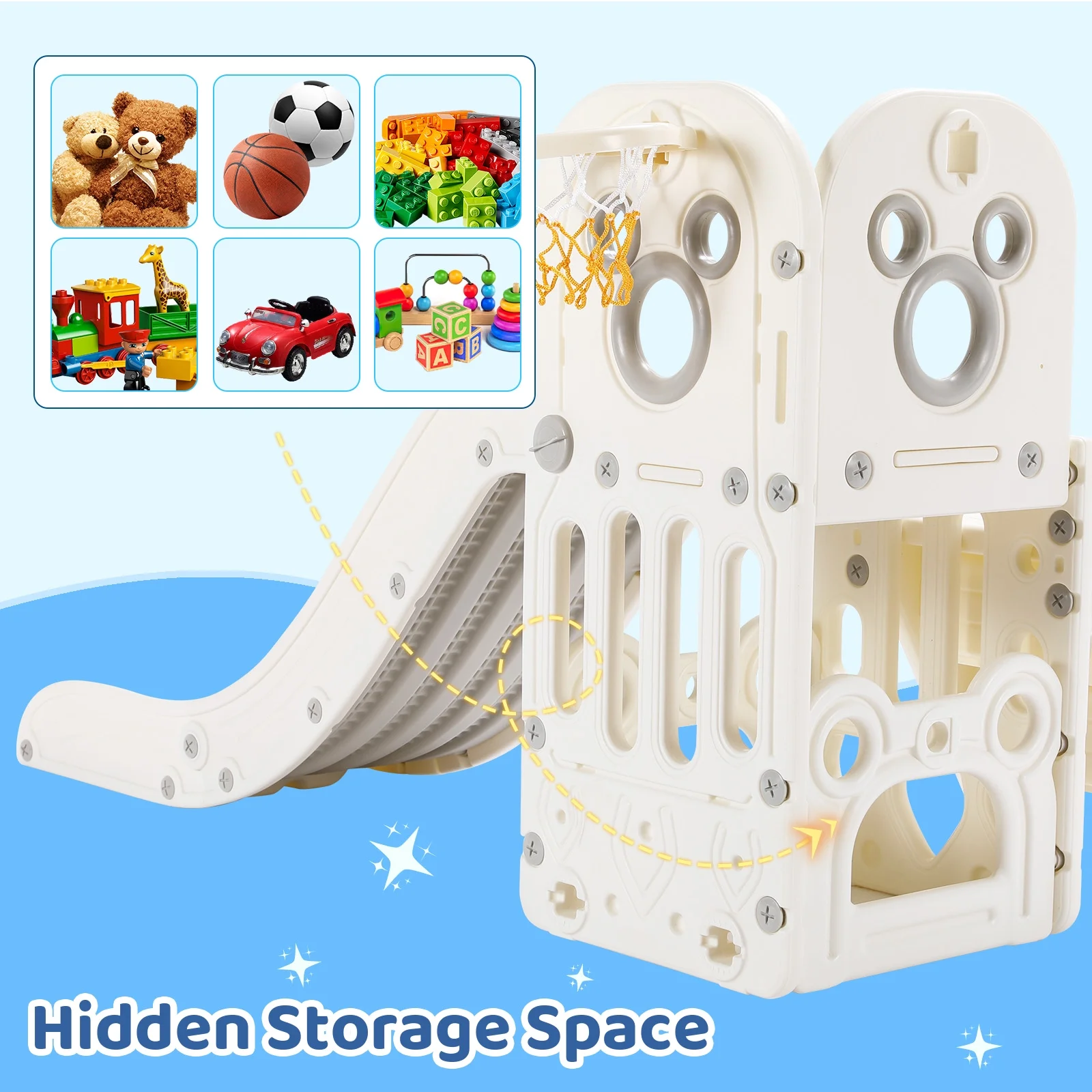 Arlopu Sturdy Toddler Slide with Basketball Hoop Plastic Kids Slide Climber with Anti-Slip Steps Indoor Outdoor Children Toy Playground