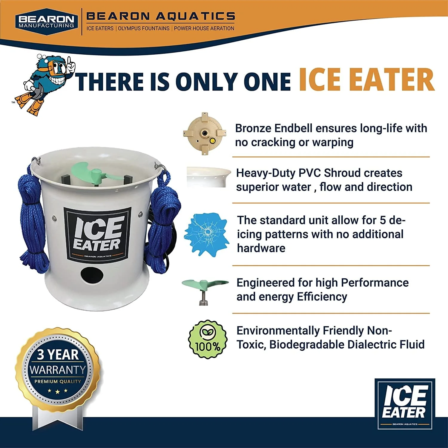 Ice Eater P250|1/4HPPond, Lake, Ocean and Dock De-Icer, 115V, 50 ft. Power Cord