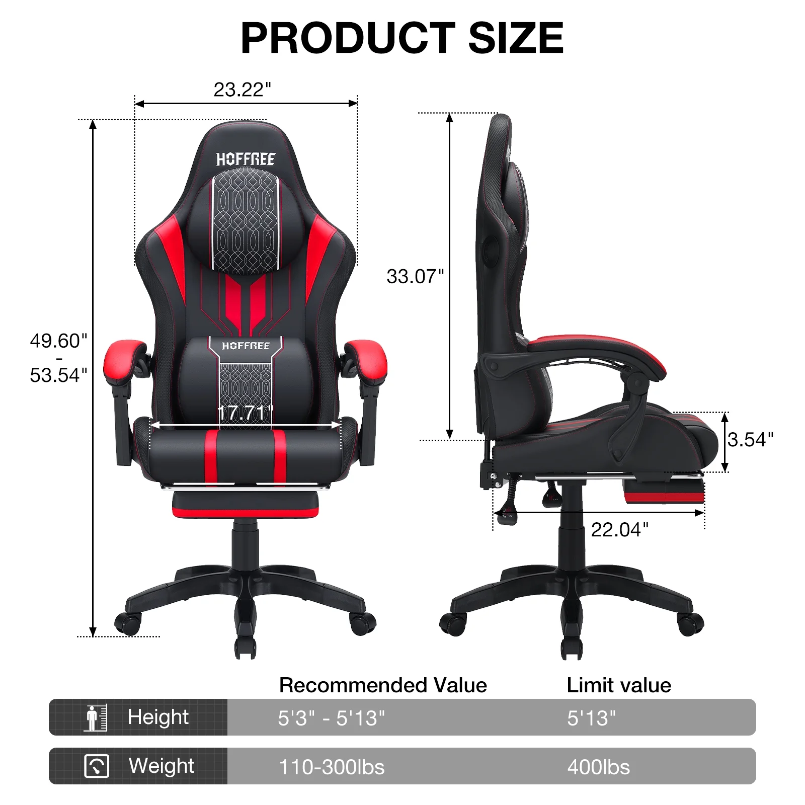 HOFFREE Big and Tall Gaming Chair with Speakers and RGB Lights, Gamer Chair with Footrest, Lumbar Support Height Adjustable 360-Swivel Seat and Headrest for Adults, 400lbs