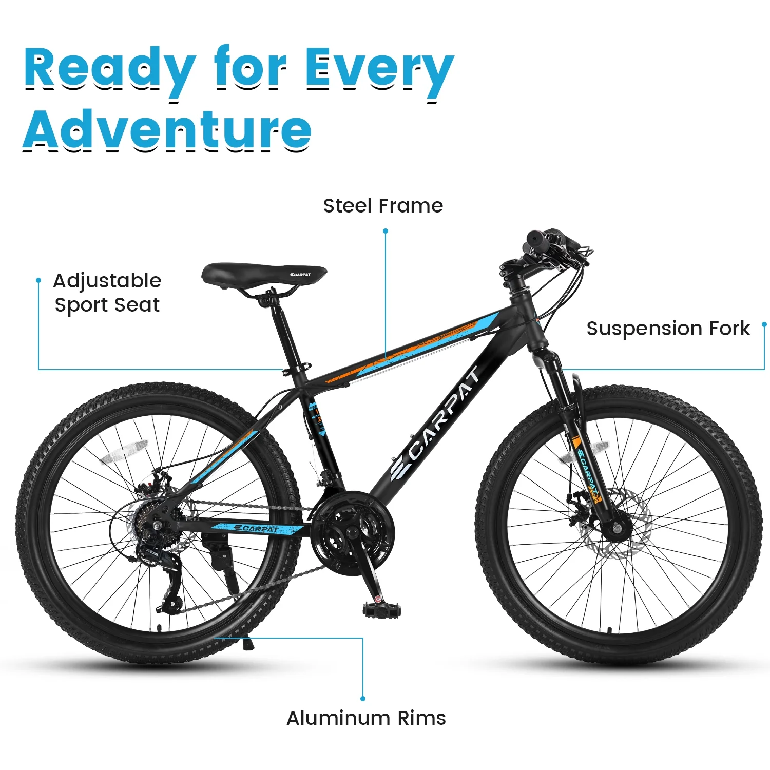 Ecarpat Mountain Bike, 24-Inch Wheels Bikes Shimano 21-Speed with High Carbon Steel Frame Mechanical Disc Brakes Front Suspension Fork for Youth Adults Multiple Colors