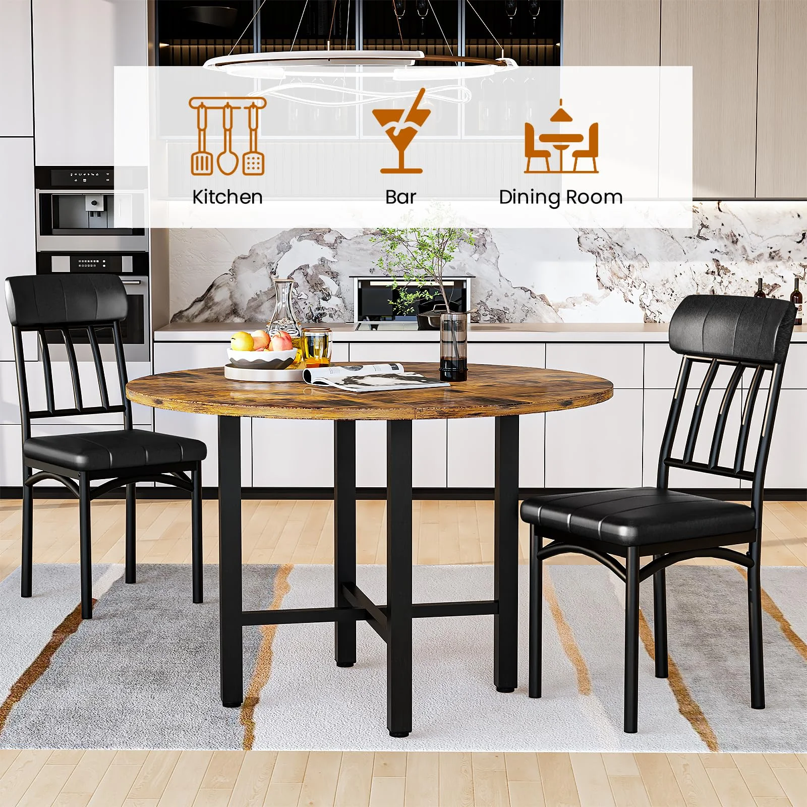 Furlinkhm Round Dining Table Set for 4, Wood Round Kitchen Table and Chairs Set for 4, Modern Dining Room Table Set with 4 Faux Leather Chairs, Round Dinner Table for Small Space, Walnut