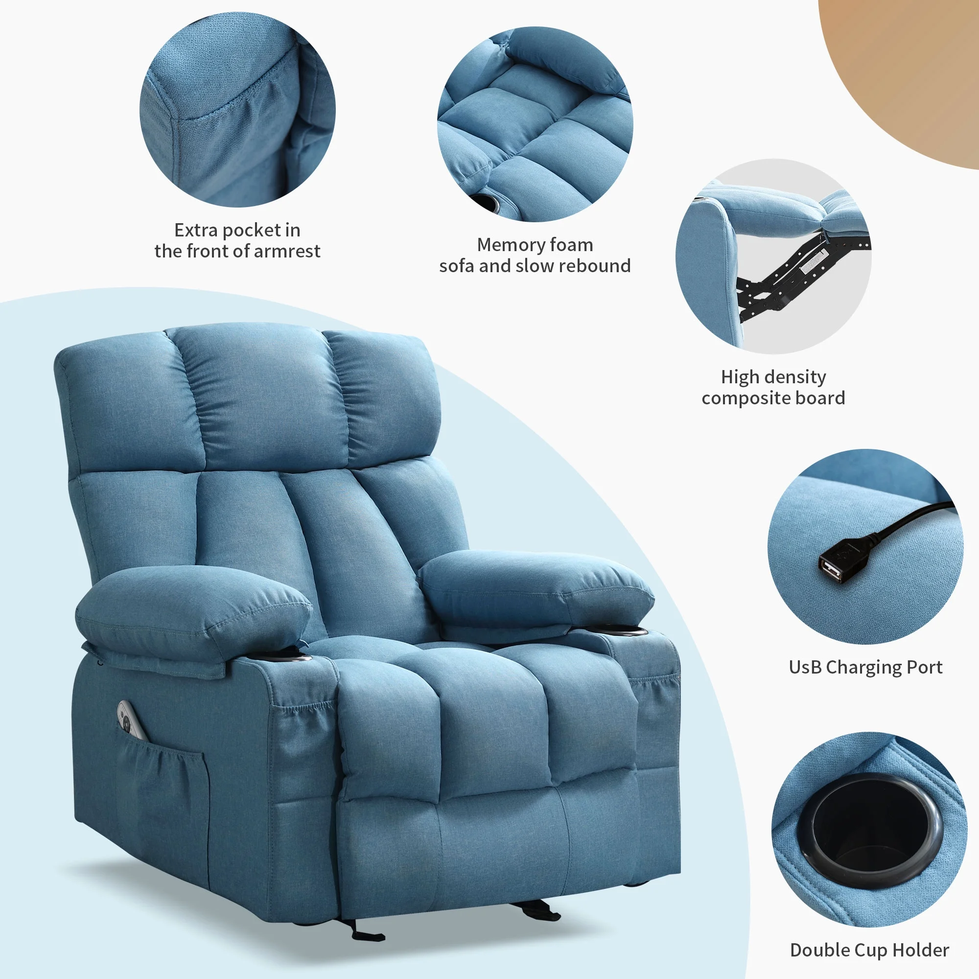 JONPONY Manual Recliner Chair with Heat Therapy and Massage Function, Heavy Duty Reclining Mechanism Massage Chair, Elderly Single Rocker Sofa with Cup Holders for Bedroom Home Theater,Grey