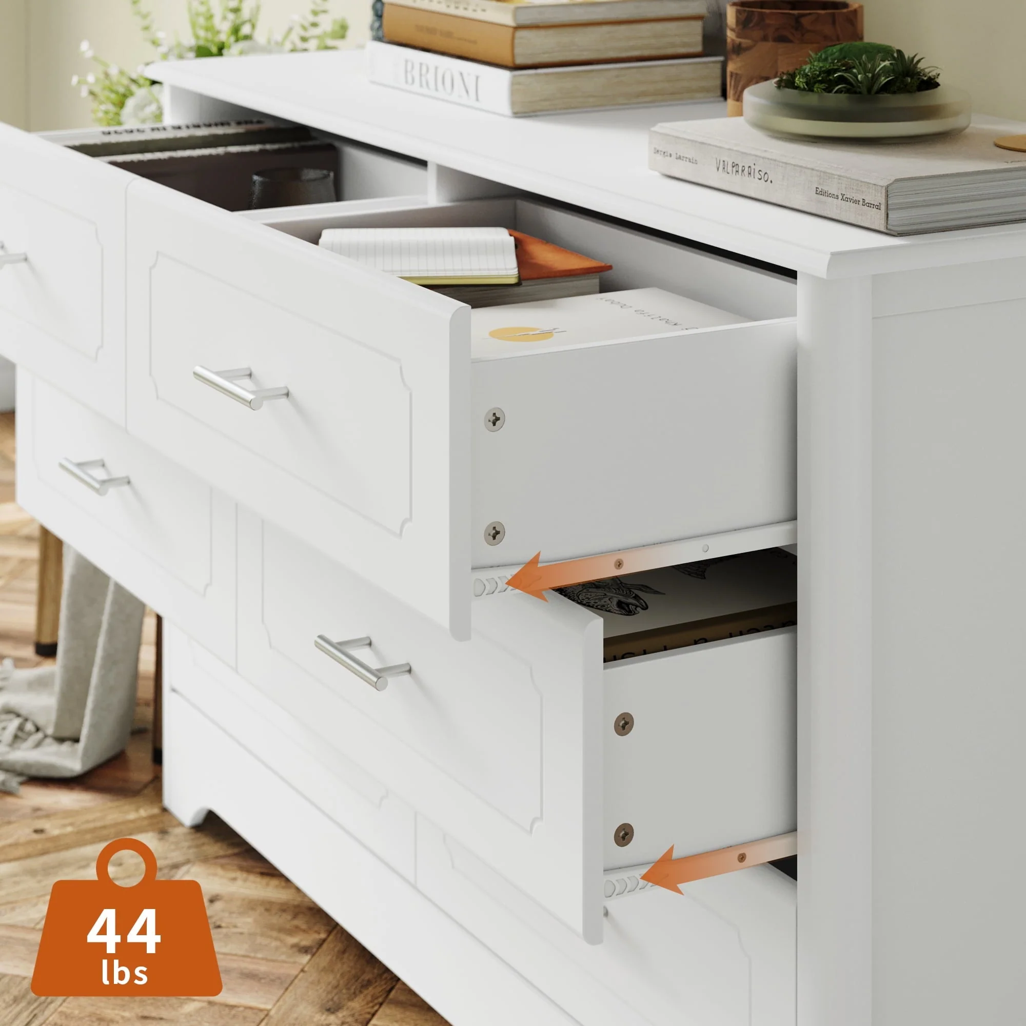 Homfa Double Dresser with 6 Drawer, White Horizontal Dresser Chest for Bedroom