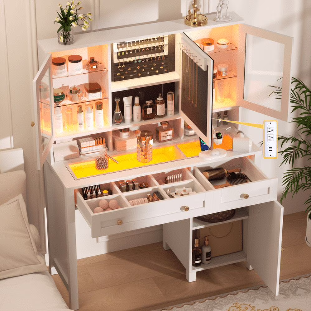 Semoic White Makeup Vanity Desk with LED Mirror and RGB Lights and Power Outlet, Morden Glass Top Vanity Table with Drawer & Storage Cabinet & Adjustable Shelves, Large Dressing Table for Bedroom