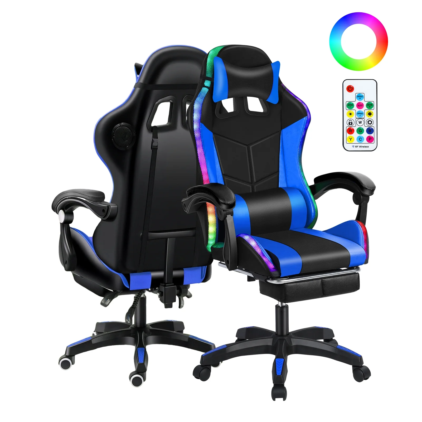 Happydeer Gaming Chair with Bluetooth Speakers and LED Lights Ergonomic Massage Video Game Chair with Footrest High Back with Lumbar Support Blue and Black