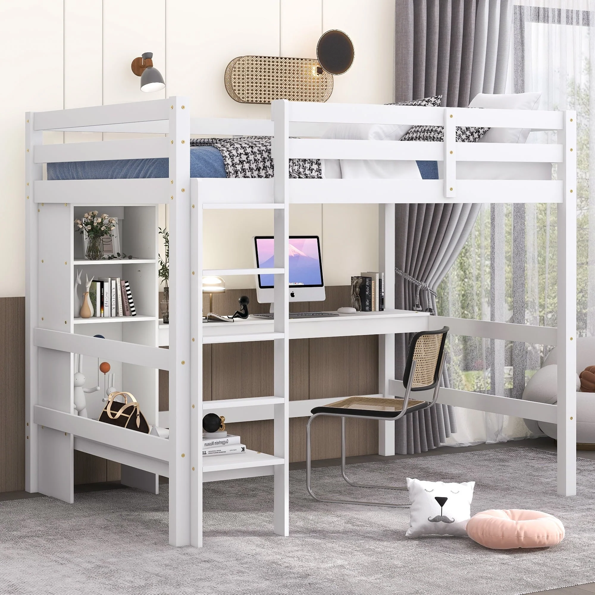 Euroco Full Size Loft Bed with Desk, Shelves and Bench for Kids Room, Solid Wood Bed with Relax Bench, White