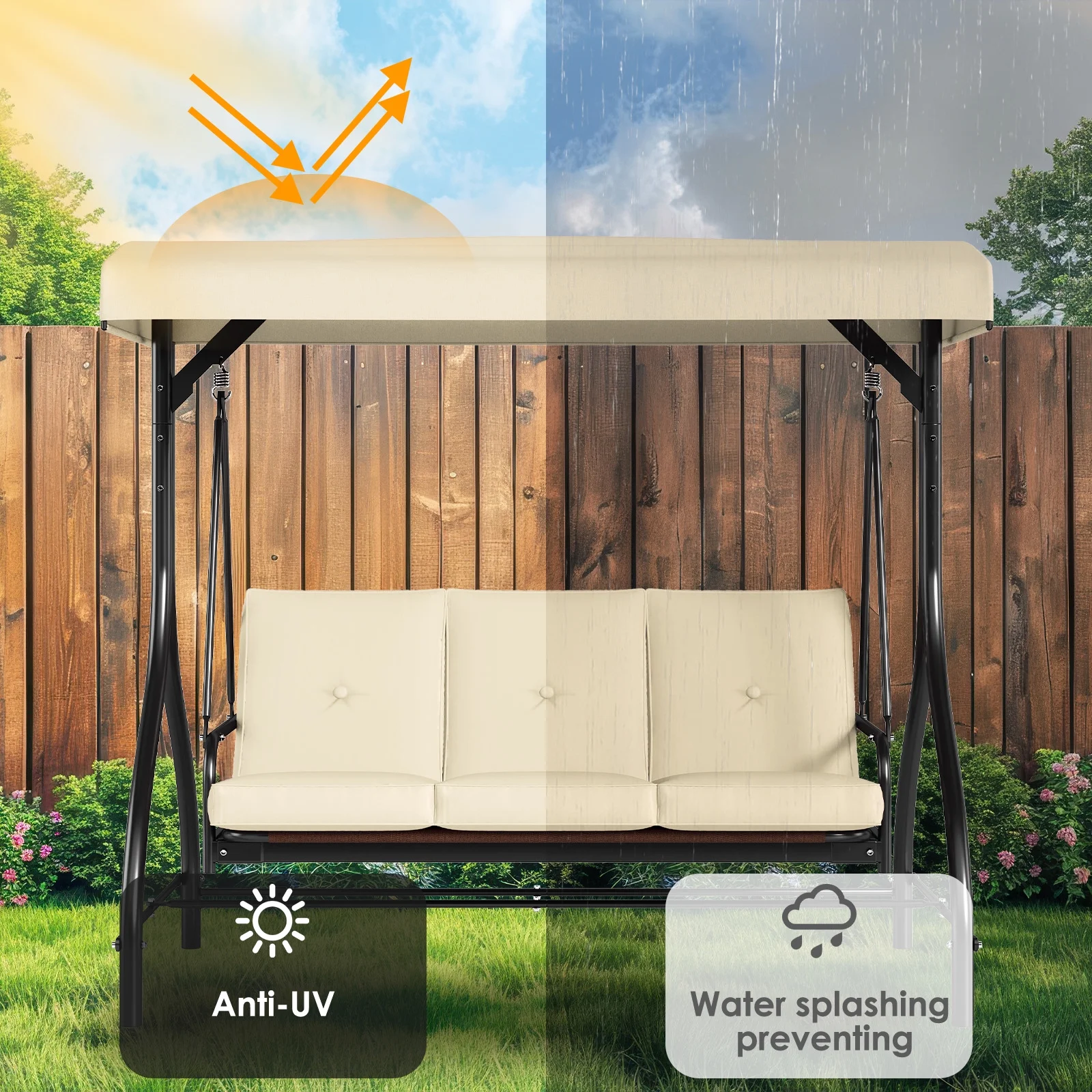 Pirecart 3 Person Patio Porch Swing Outdoor Converting Swing Glider Hammock with Adjustable Canopy, Cushions, Red