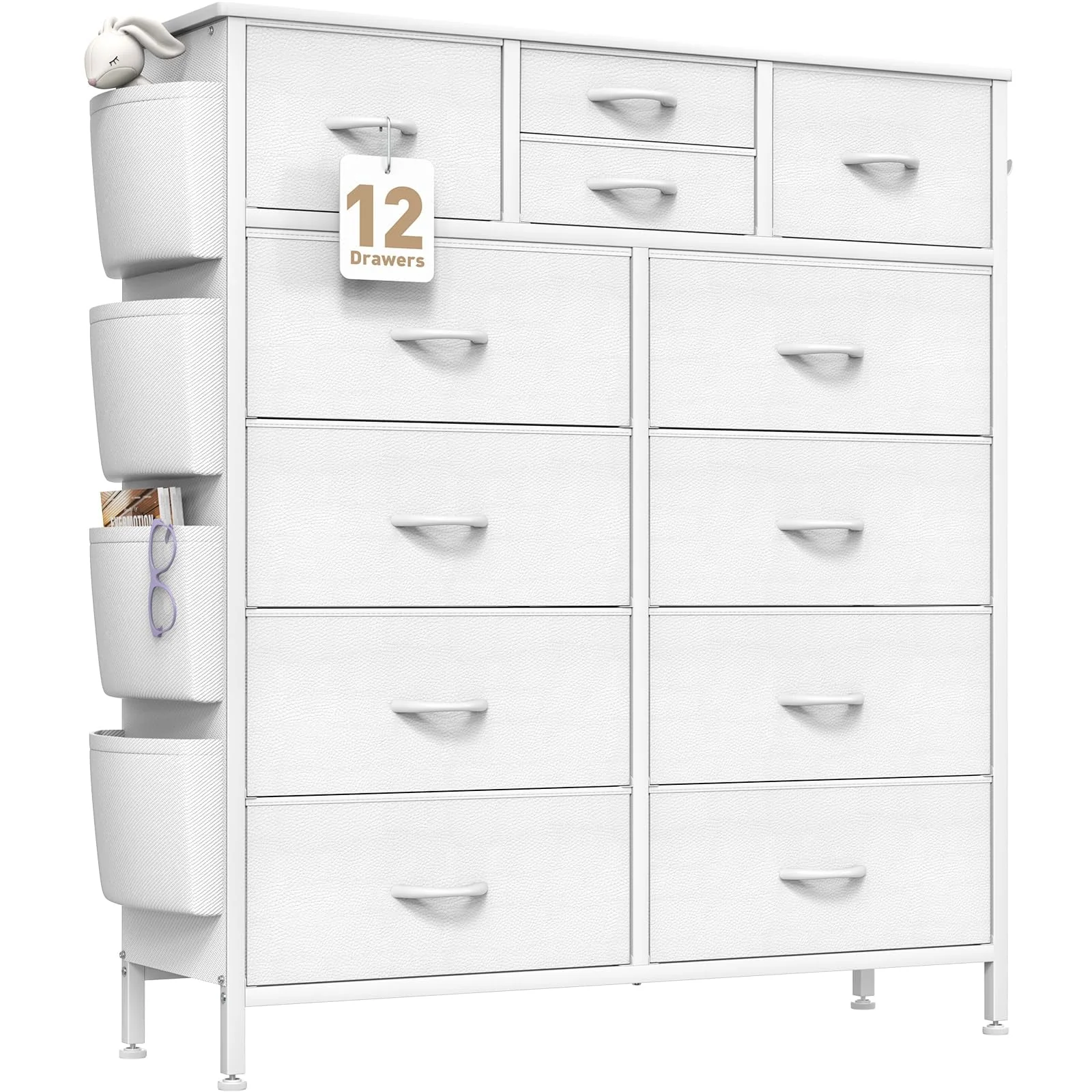 GIKPAL 10 Drawer Dresser, White Dresser Chest of Drawers Dressers for Bedroom Modern PU&Fabric Dresser Tall Dresser with Side Pockets and Hooks, White