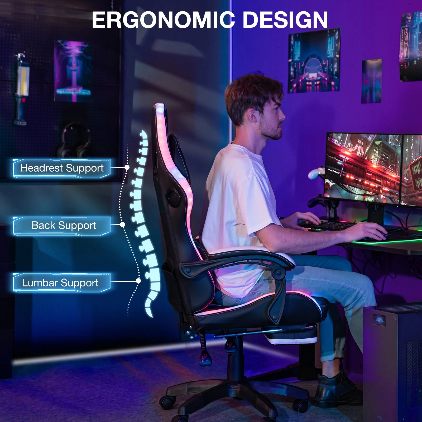 HOFFREE Big and Tall Gaming Chair with Speakers and RGB Lights, Gamer Chair with Footrest, Lumbar Support Height Adjustable 360-Swivel Seat and Headrest for Adults, 400lbs