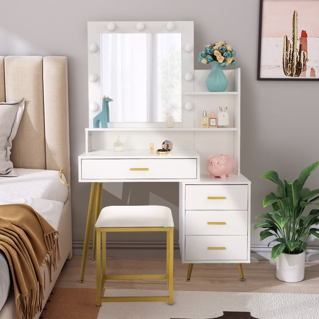 White Vanity Desk with Mirror and Lights, Makeup Vanity with Cushioned Stool, 3 Storage Shelves and 4 Drawers, Bedroom Dressing Table for Girls and Women, Christmas Gift