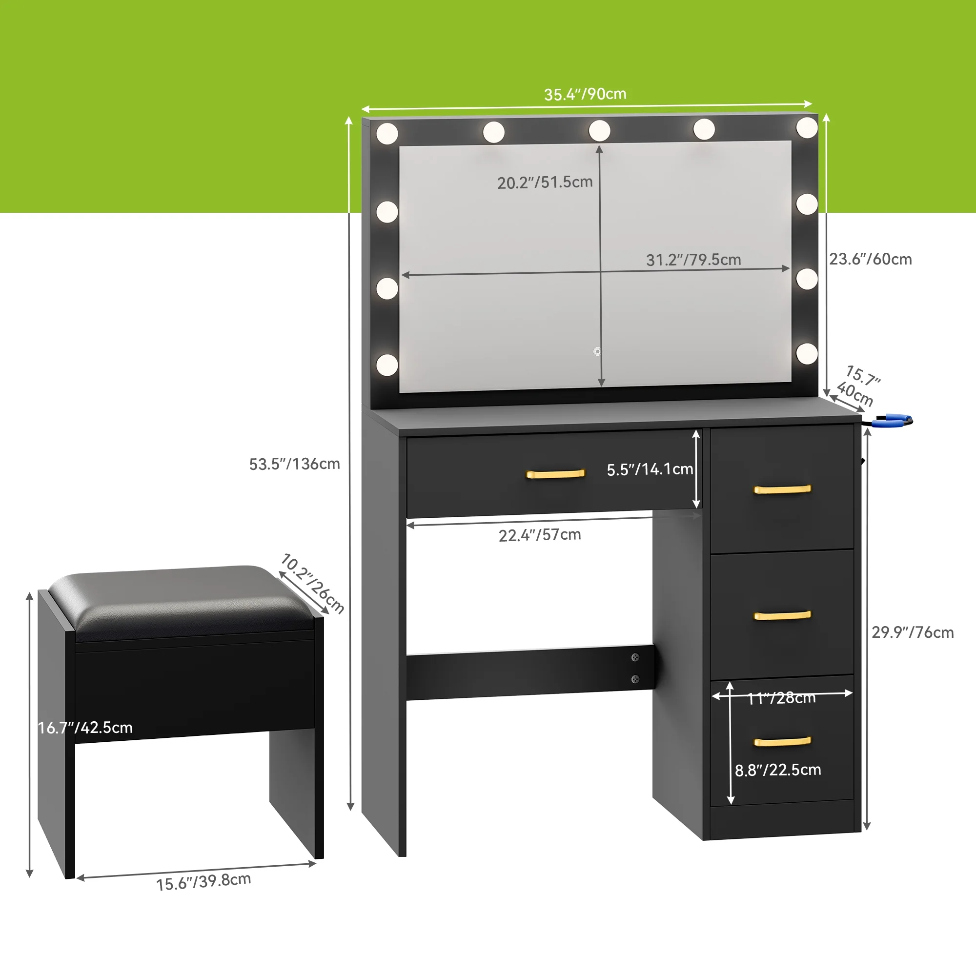 Dextrus Makeup Vanity Desk with Large Lighted Mirror and Storage - Enhance Your Beauty, Routine 4 Drawer Vanity Table with Cushioned Stool, Milky-White