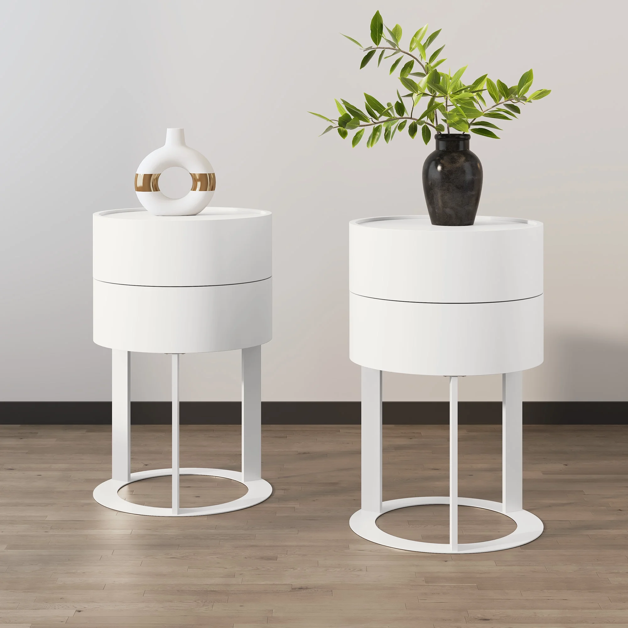 HLR Modern Round Wood Nightstand with Drawer, 2-Tier End Table for Living Room, Bedroom, Black