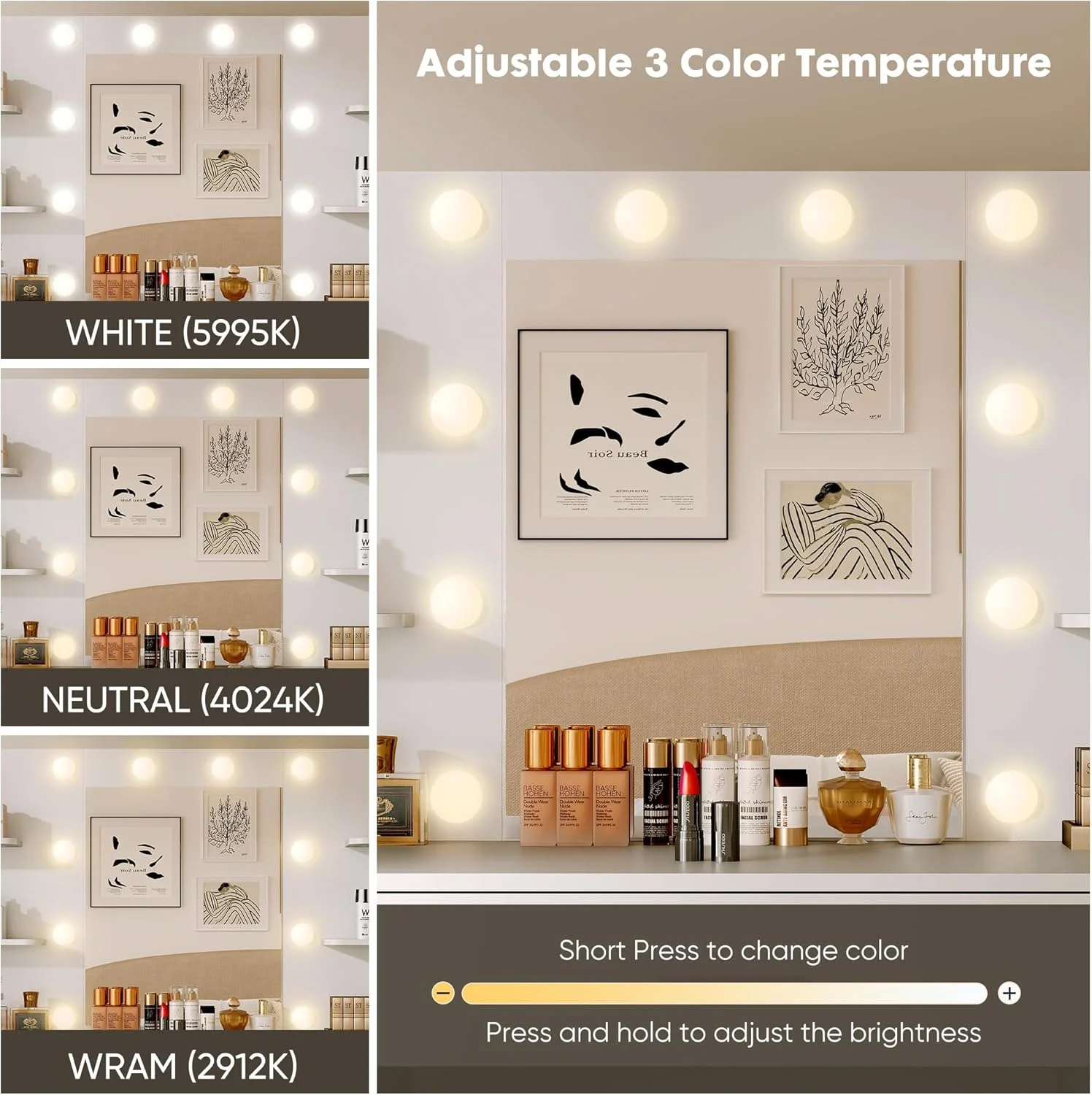 Blorly White Vanity Desk with Mirror, Makeup Vanity Table with LED Lights and Power Outlet, 3 Drawer, 4 Shelves, 1 Cabinet