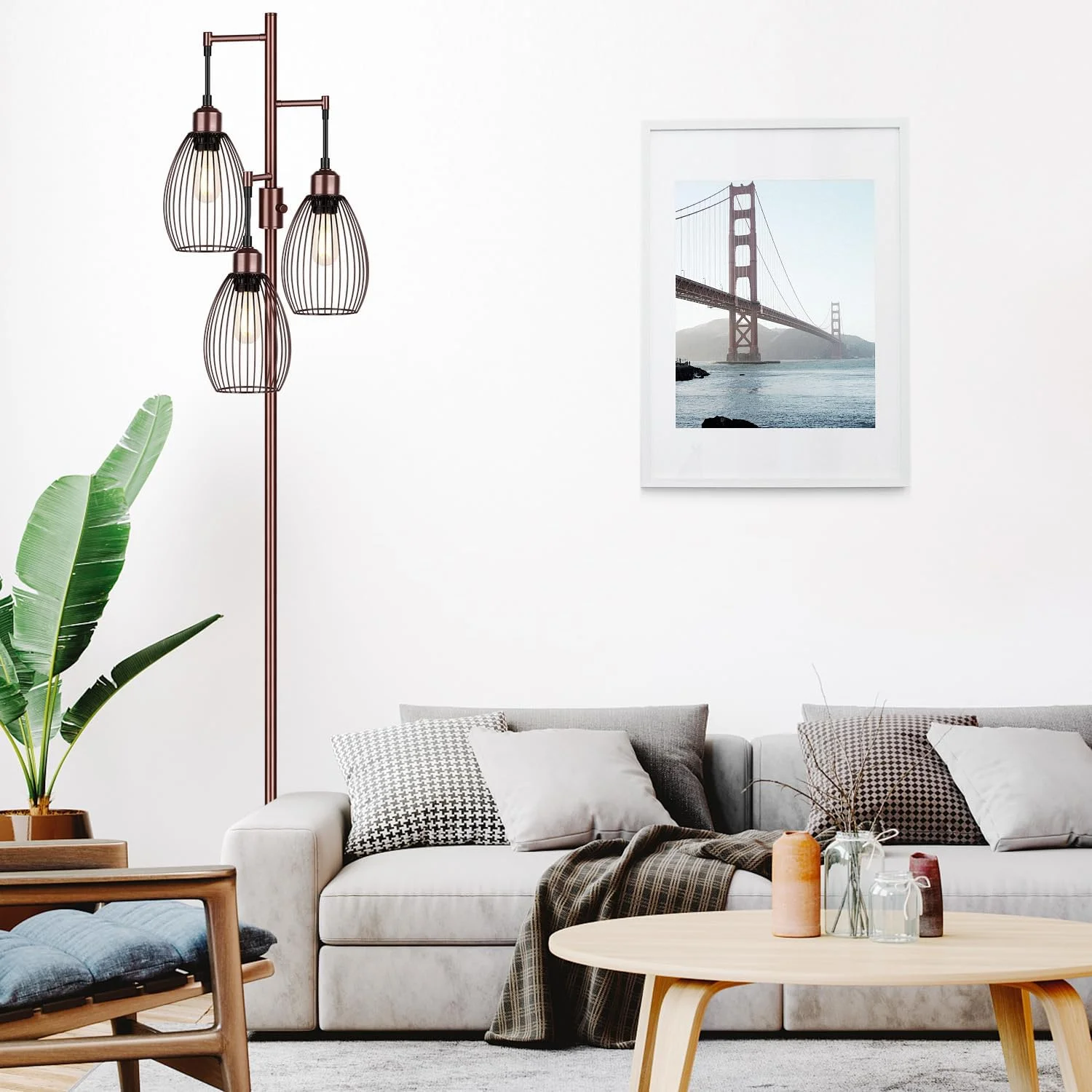 Dimmable Floor Lamp, 3 x 800LM LED Edison Bulbs Included, Farmhouse Industrial Floor Lamp Standing Tree Lamp with Elegant Teardrop Cage Tall Lamps for Living Room Bedroom Office Dining Room