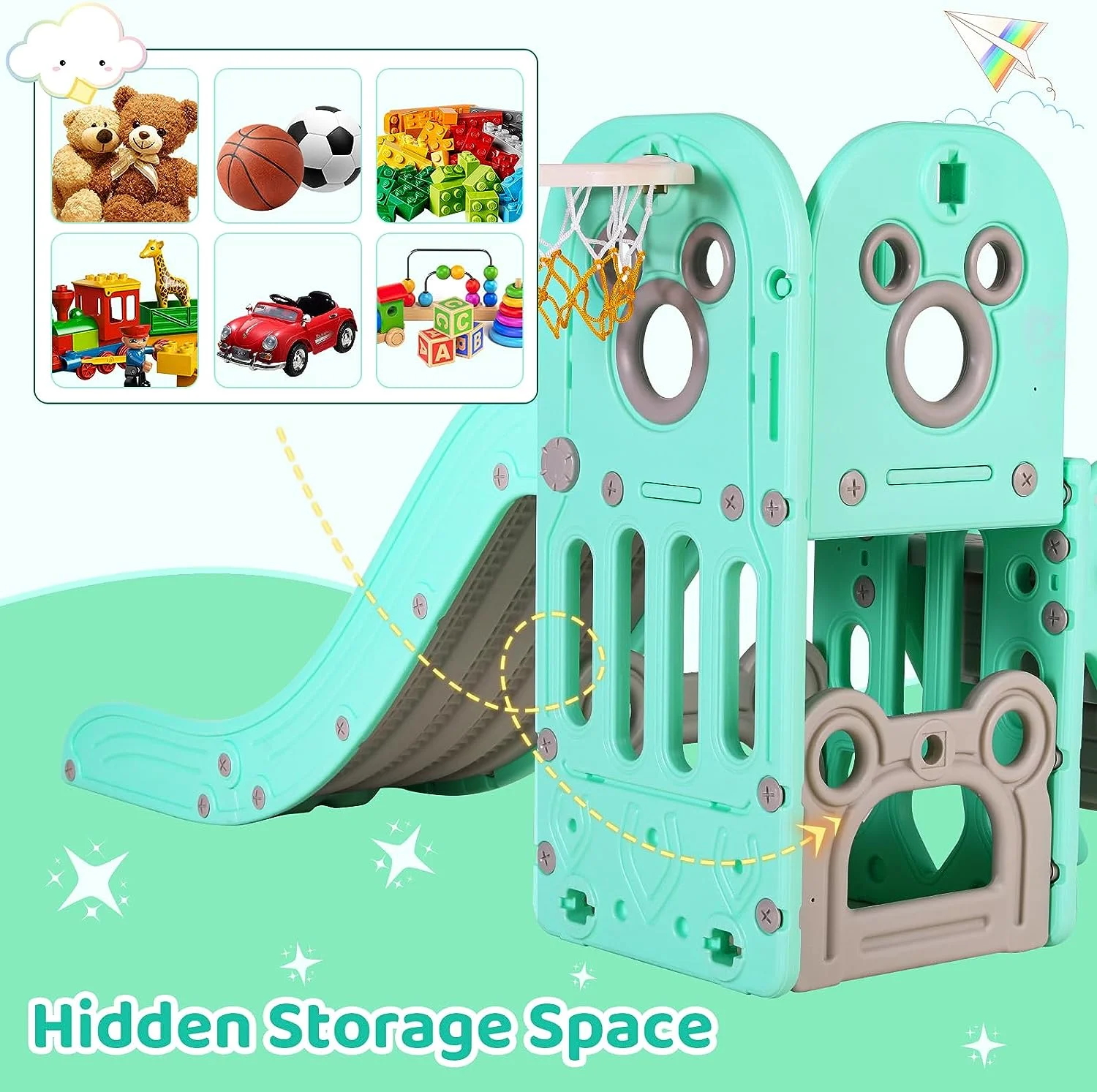 Arlopu Sturdy Toddler Slide with Basketball Hoop Plastic Kids Slide Climber with Anti-Slip Steps Indoor Outdoor Children Toy Playground