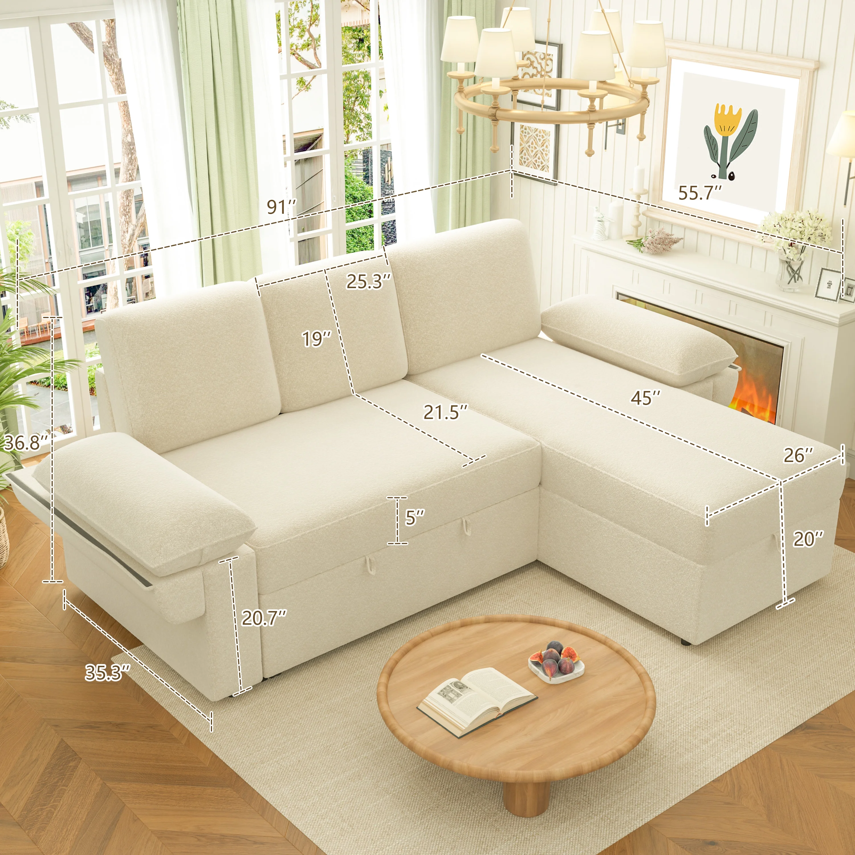 VANACC Sofa Bed, Adult Sleeper Sofa with Storage Chaise, Pull Out Couch for Bed Room, Gray Chenille