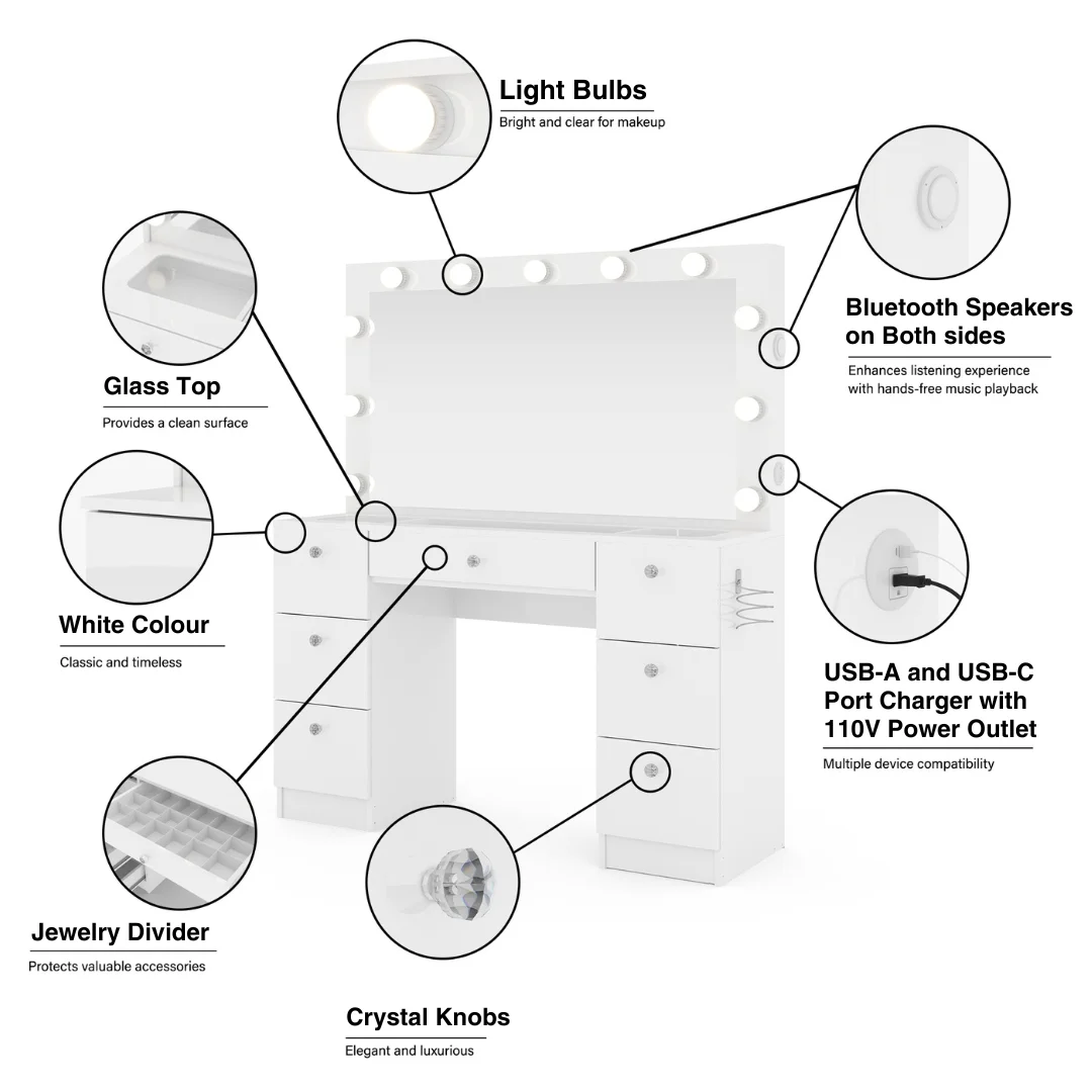 Ember Interiors Ibbie White Makeup Vanity with Glass Top, Lights, Charging Station
