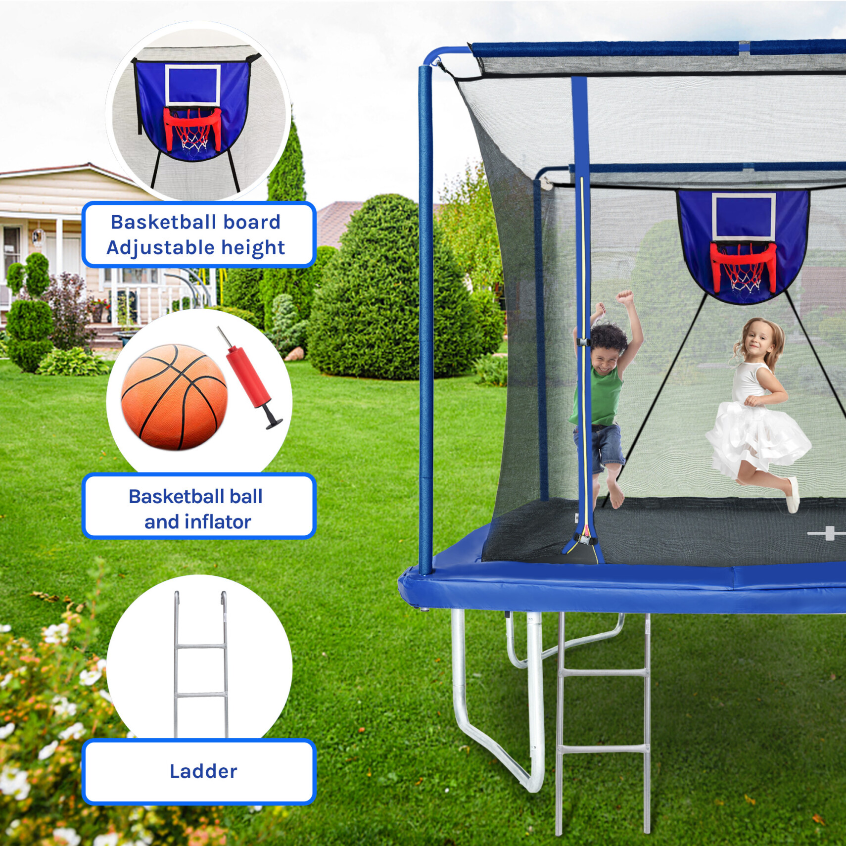 8ft��12ft Rectangular Trampoline with Adjustable Height  Basketball Board,Ball Inflater and Ladder-Blue,ASTM Standard Tested and CPC Certified