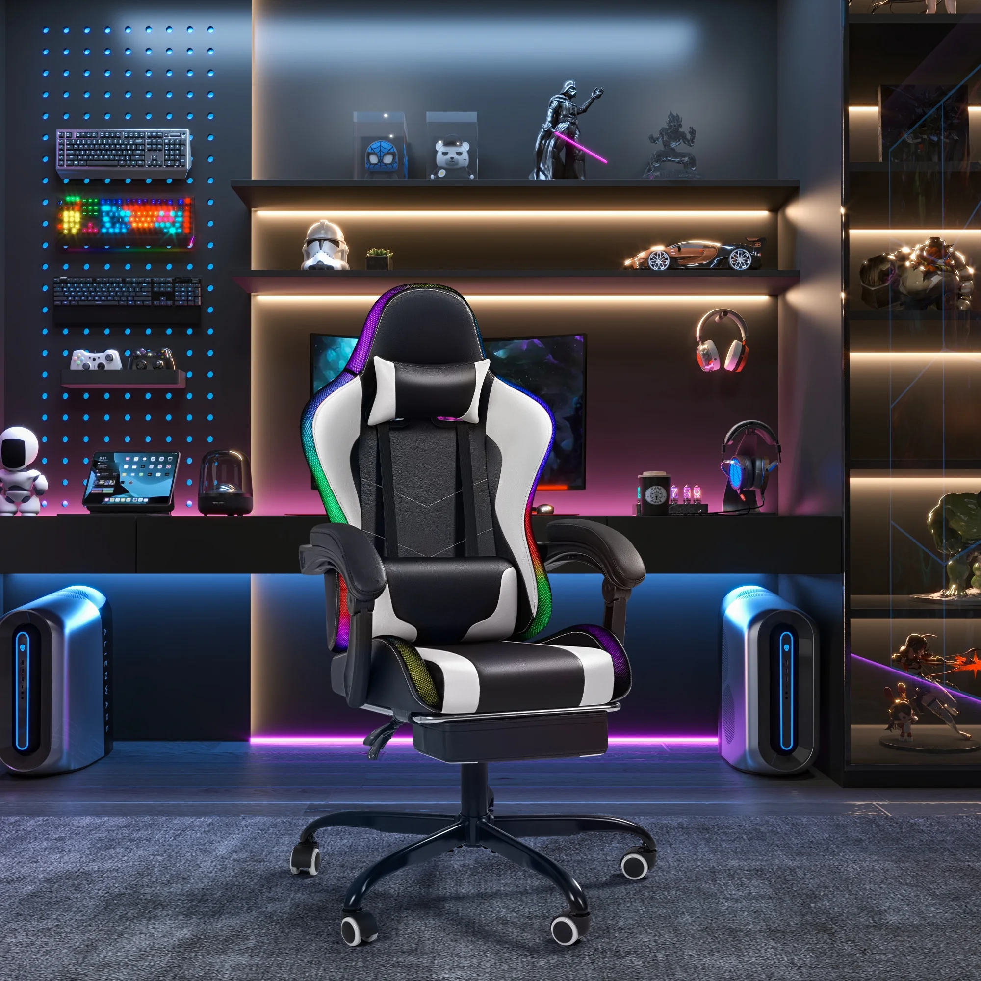 Homall RGB Gaming Chair with Massage and LED Lights Ergonomic Computer Chair with Footrest & Adjustable Lumbar Support, White