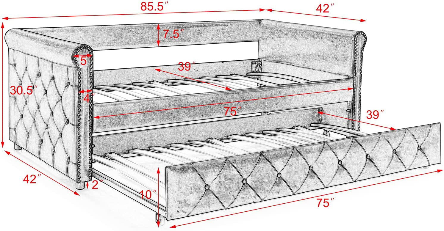 Daybed with Trundle, Muumblus Modren Kids Pull Out Sofa Bed for Bedroom & Living Room, Twin Size, Grey Linen Upholstered