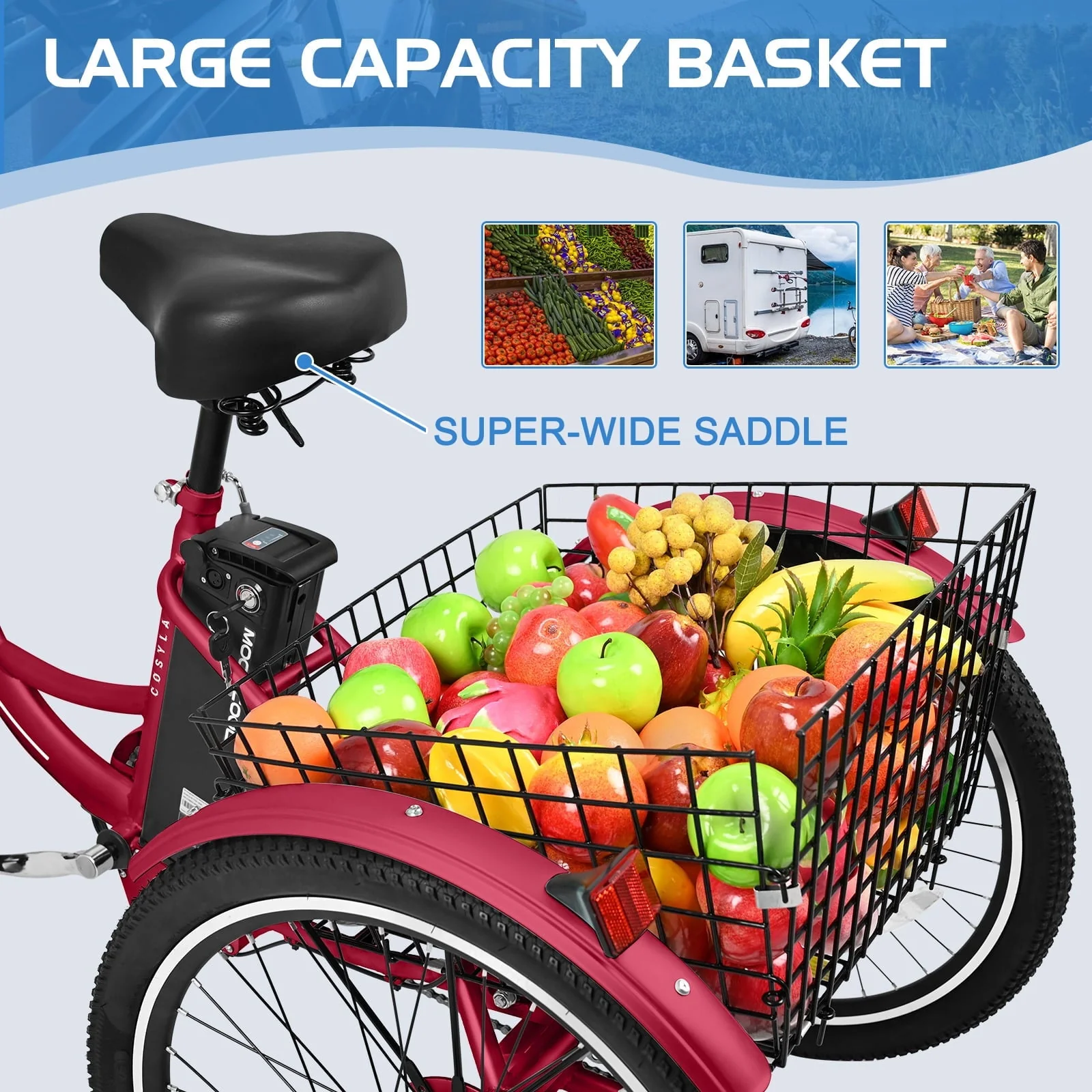 Lilypelle Electric Tricycle ,3 Wheel Motorized Bicycle,with 350W Motor 36V 10.4AH Lithium Battery UL Certified,24
