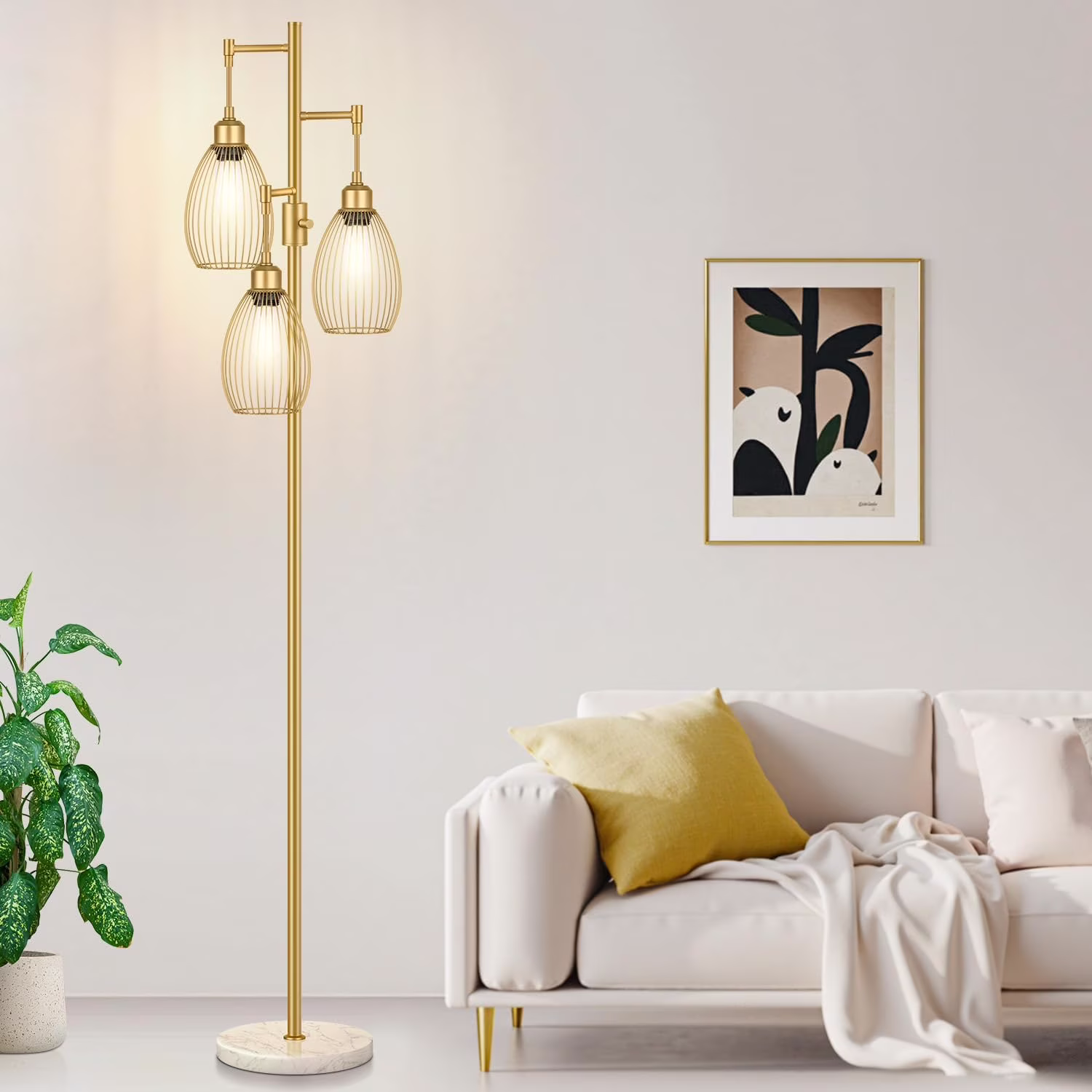 Dimmable Floor Lamp, 3 x 800LM LED Edison Bulbs Included, Farmhouse Industrial Floor Lamp Standing Tree Lamp with Elegant Teardrop Cage Tall Lamps for Living Room Bedroom Office Dining Room