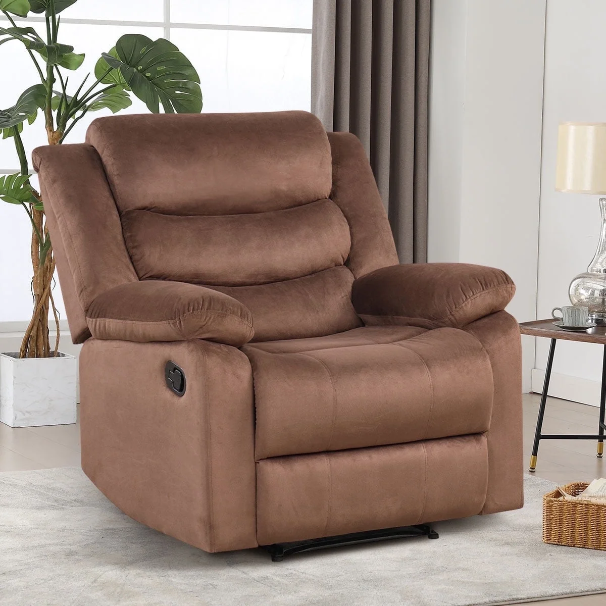 Bonzy Home Recliner Chairs for Living Room Overstuffed Breathable Fabric Reclining Chair Manual Sofa Brown