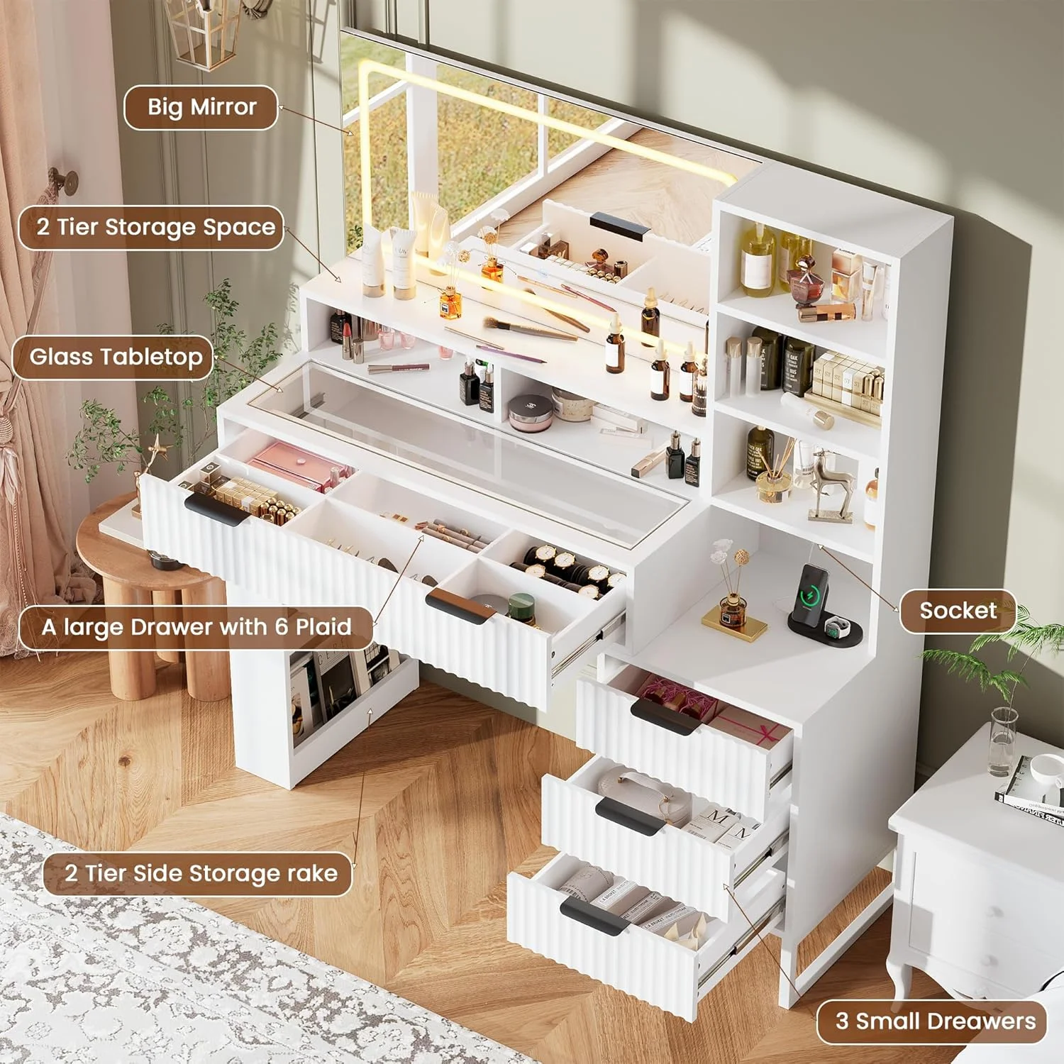 Vanity Table Set with Mirrors and Adjustable Lights ,Makeup vanity With Power Outlet for Bedroom Dressing Room,White