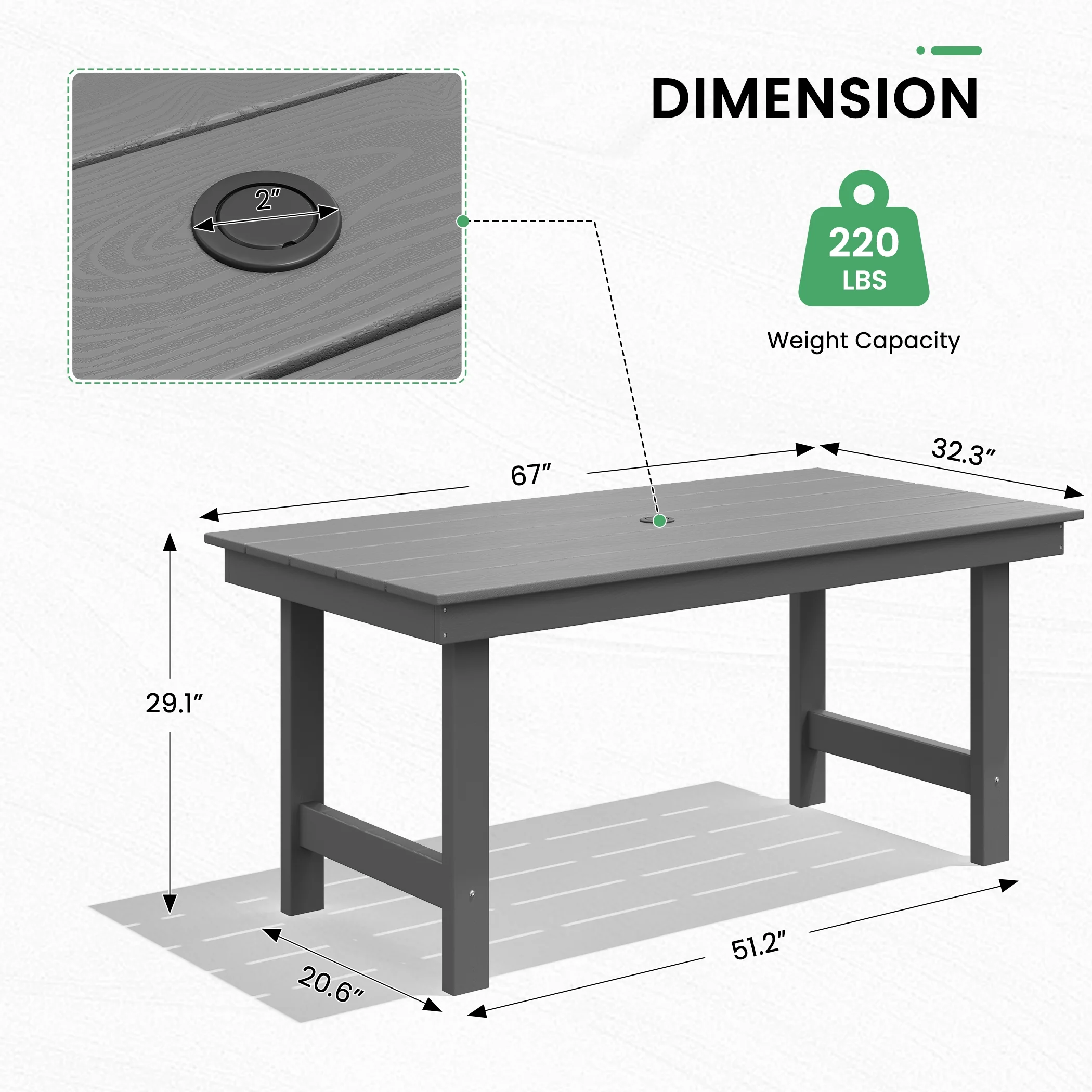 SERWALL Outdoor HDPE Dining Table Set, 7-Piece Outdoor Dining Table Sets with Umbrella Hole, Grey