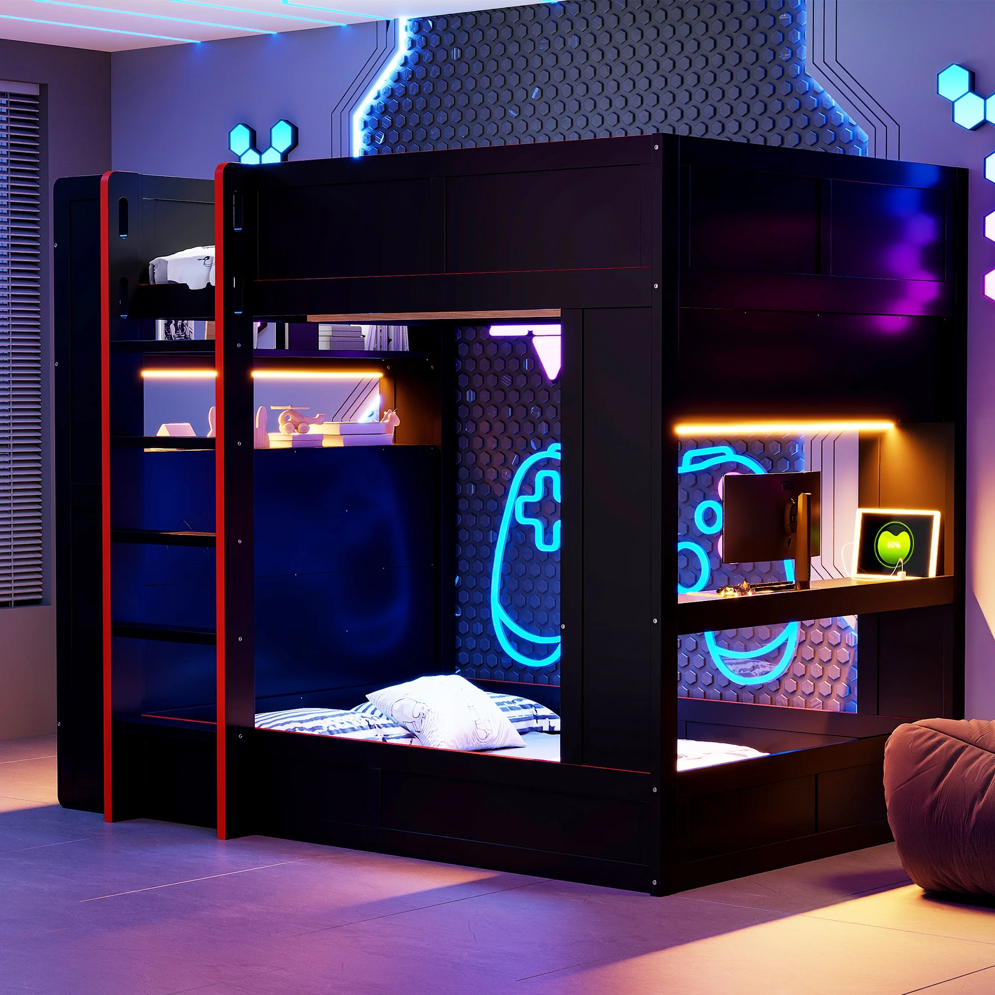 Euroco Wood Full Size Loft Bed with Desk and Shelves, Gaming Bunk Bed with LED Light and USB Charging, Black