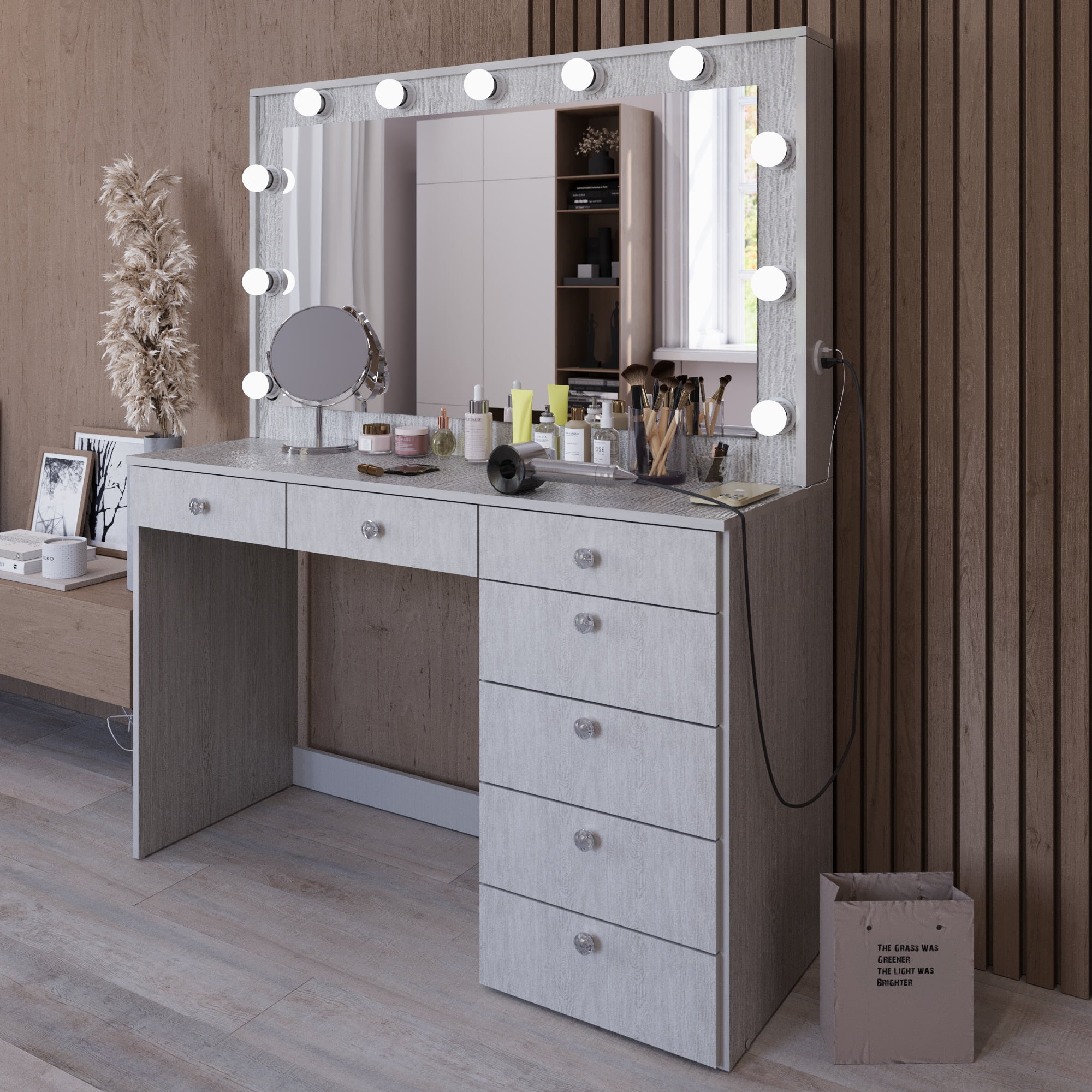 Boahaus GRWM Diana White Makeup Vanity with 7 Drawers, Mirror, Lights & Charging Station