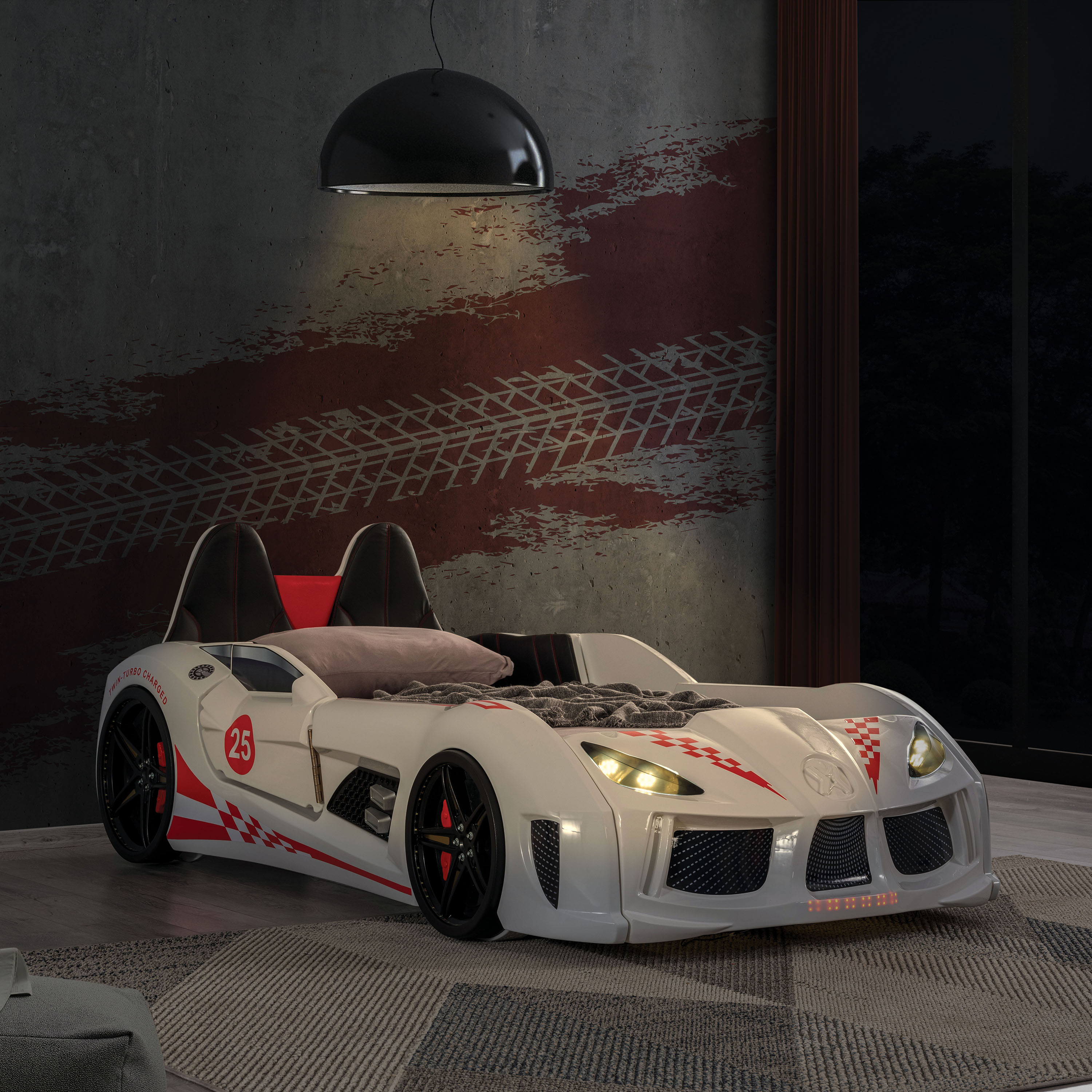 Furniture of America Dash Kids Plastic Twin Race Car Bed with LED and Sound, White