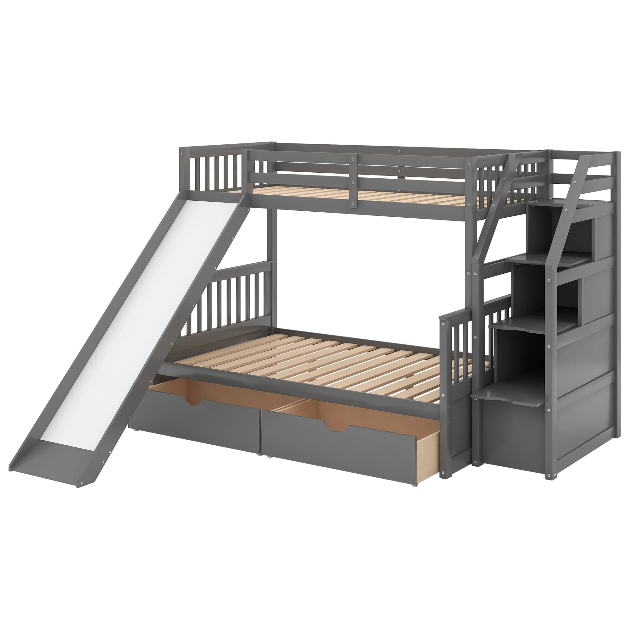 Euroco Wood Twin Over Full Bunk Bed with Drawers and Slide, Gray