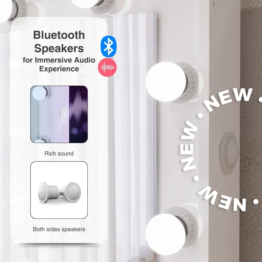 Ember Interiors Ibbie White Makeup Vanity with Glass Top, Lights, Charging Station