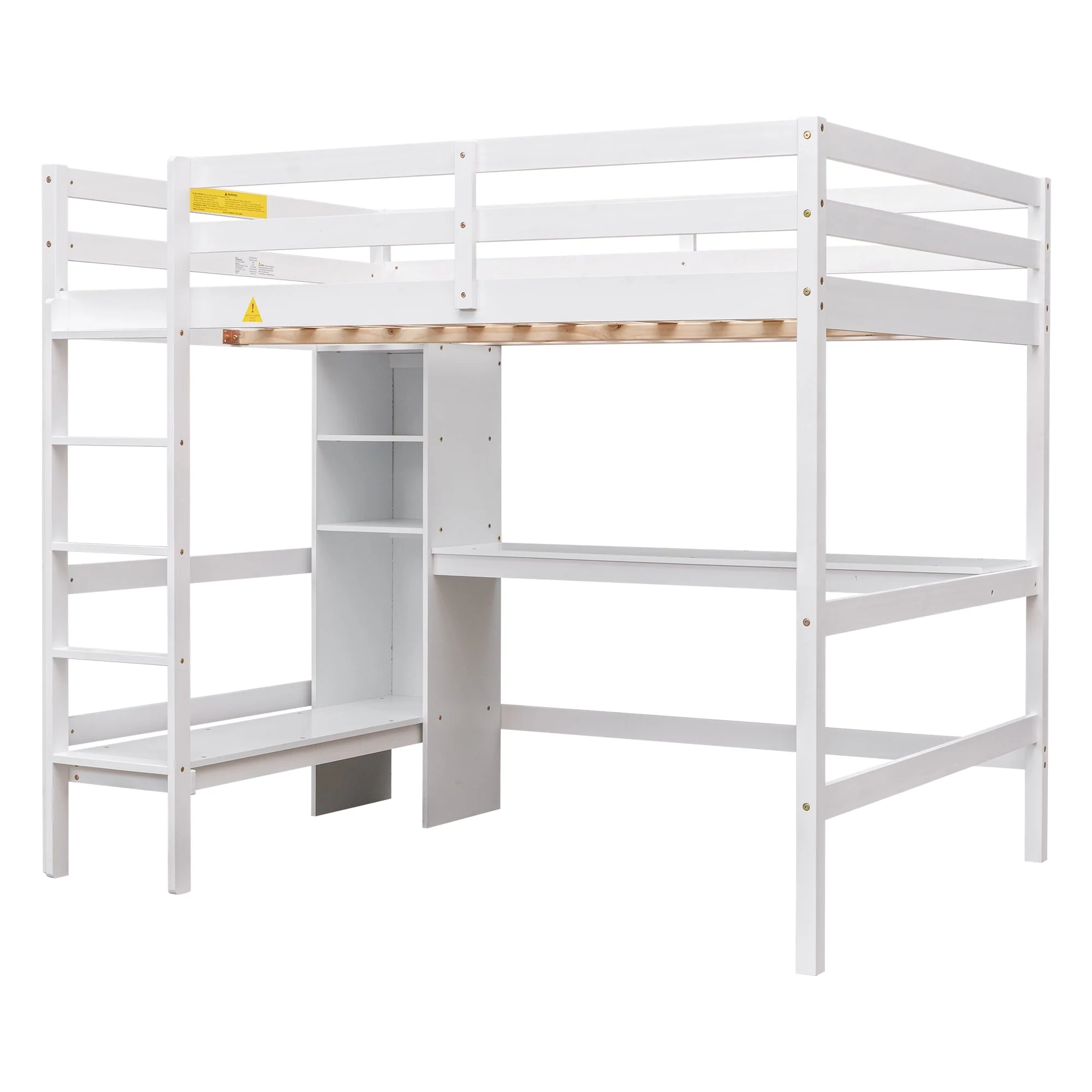 Euroco Full Size Loft Bed with Desk, Shelves and Bench for Kids Room, Solid Wood Bed with Relax Bench, White