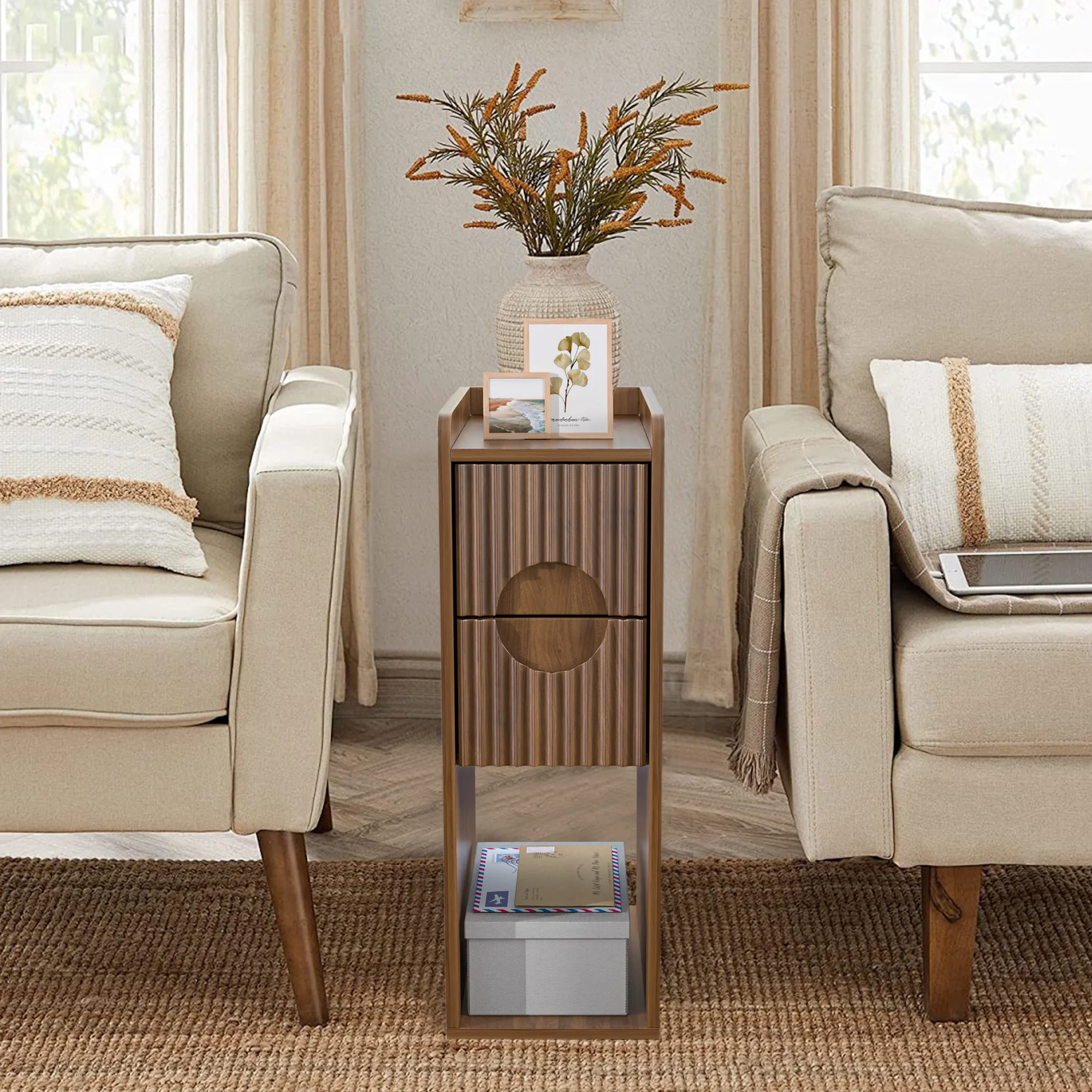 Narrow Nightstand Set of 2 with Drawers, Fluted Slim Side End Table with Storage for Small Spaces