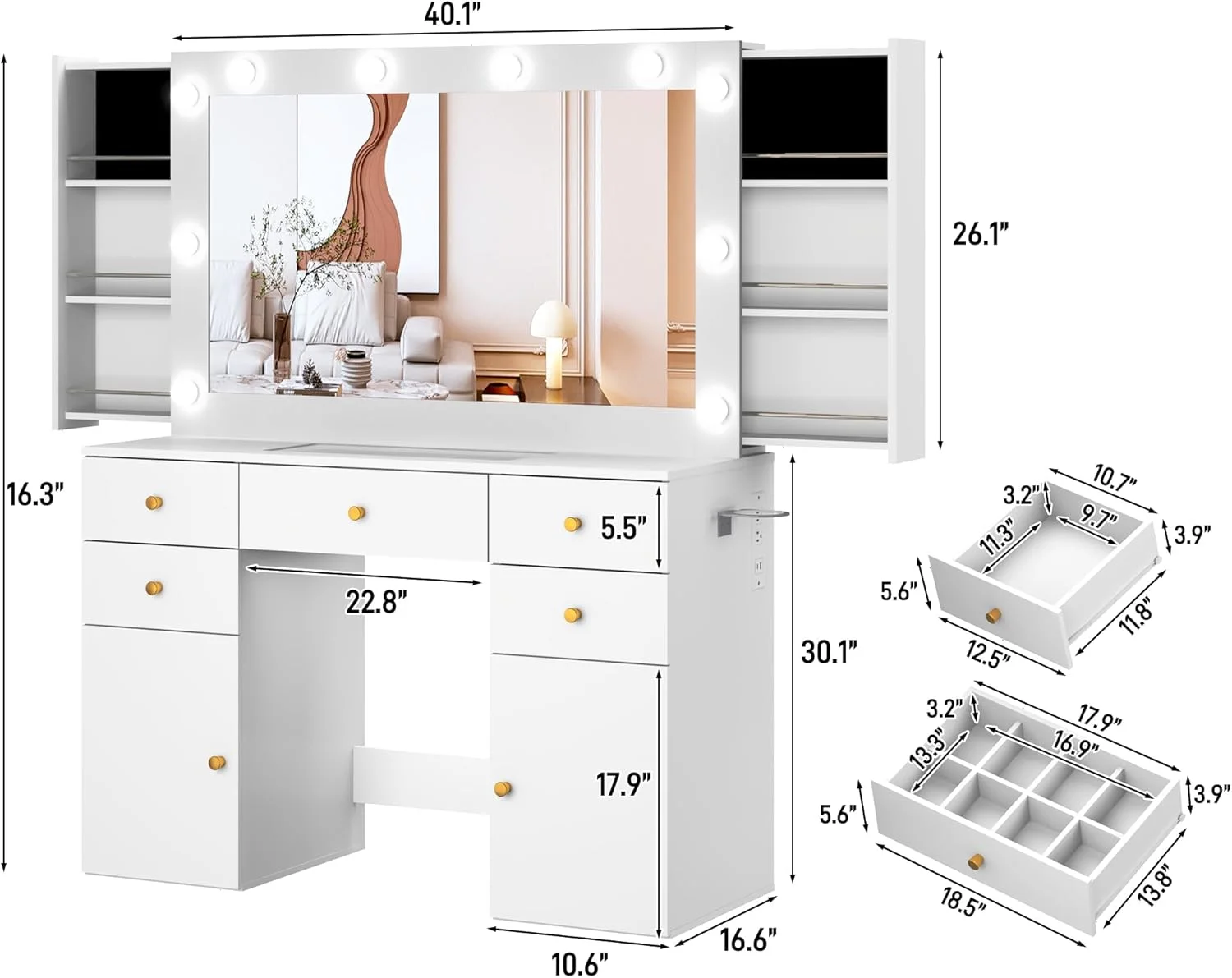 White Vanity Desk with Large Lighted Mirror & Power Outlet, Makeup Vanity Table with Glass Top & Drawers, Sliding Storage, 44.1