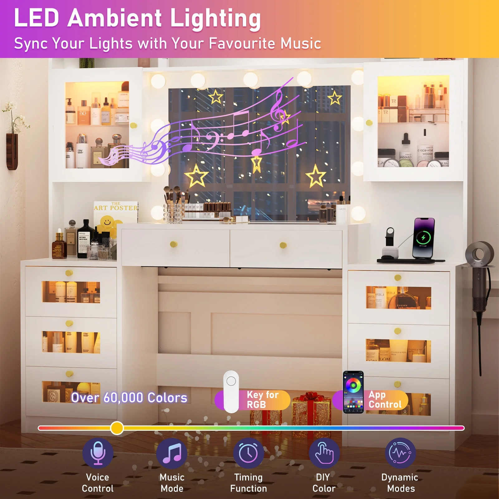 ChVans 62'' Large Vanity Desk with Tempered Glass Top, 11 LED Bulbs, Charging Station, Bedroom Makeup Vanity with 3 Lights Mode LED Mirror, 6 Translucent Drawers, 2 RGB cabinets for Women, Girls Gift