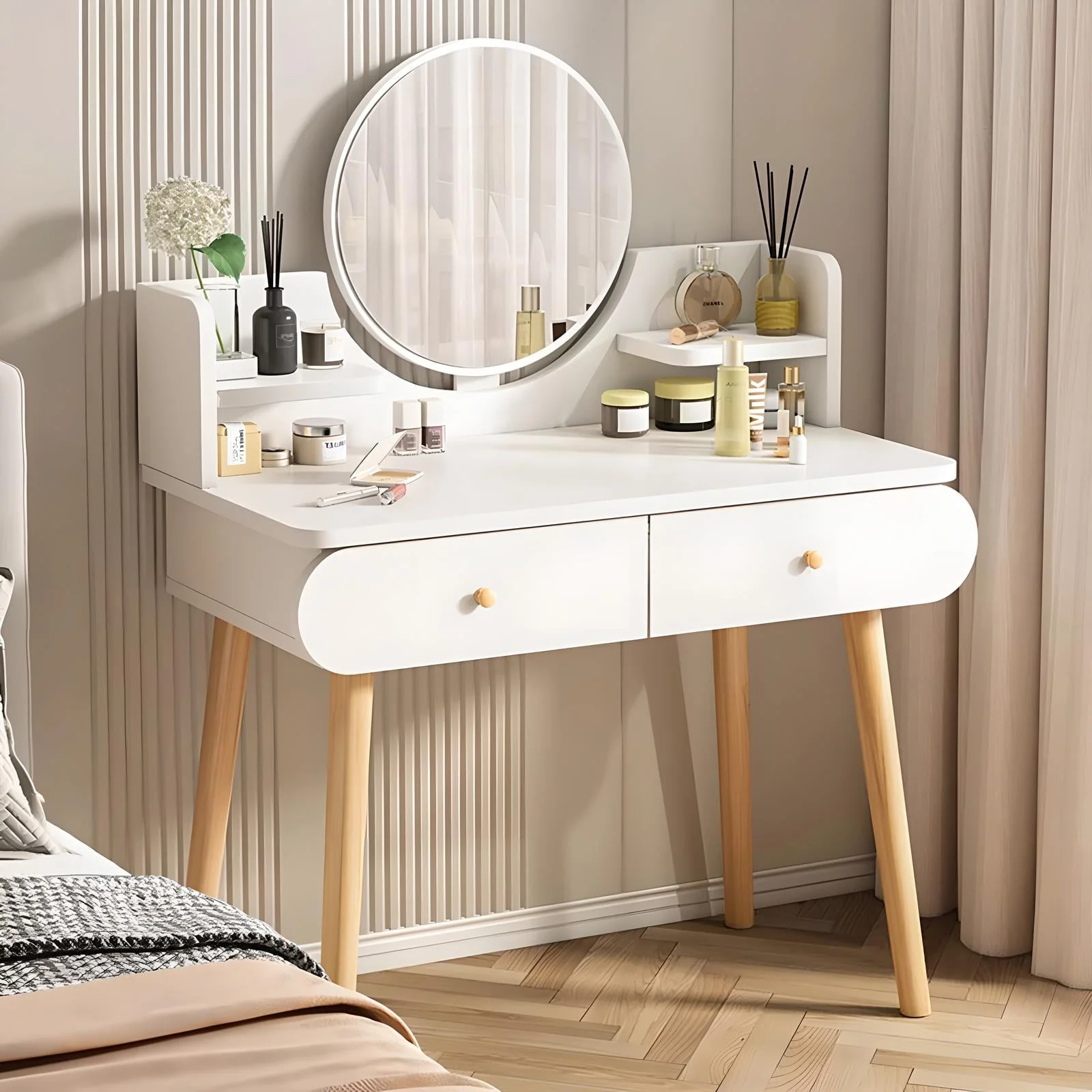 MIKOO Vanity Table Set with Mirror, Modern Makeup Vanity Dressing Desk with 2 Drawers & 2 Shelves ,White (Without Stool)