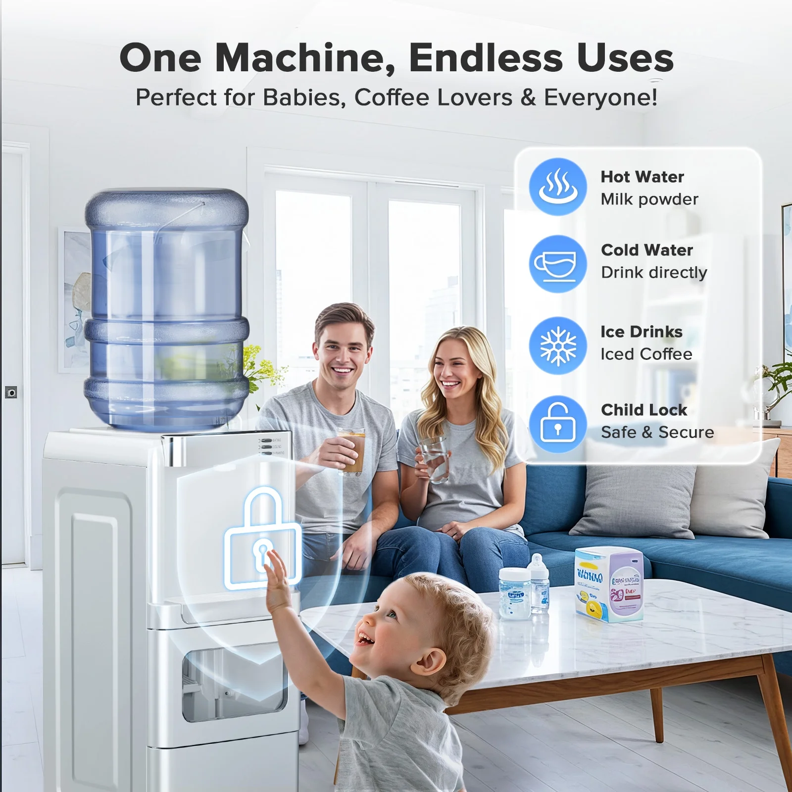 LHRIVER 2-5 Gallon Water Dispenser & 6-Min Ice Maker, 3-in-1 Hot/Cold/Ice, Child Lock & Energy-efficient, for Home/Office, Black