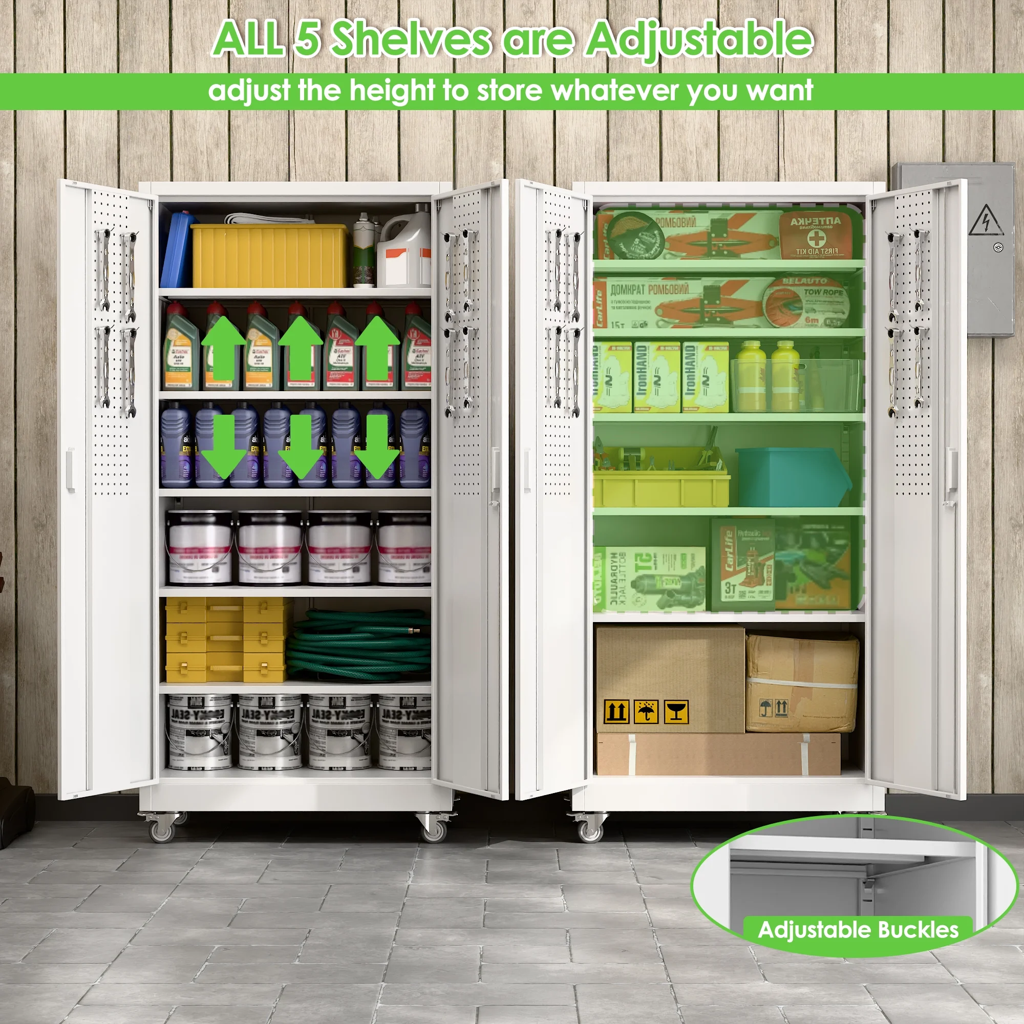 SUPEER Metal Rolling Storage Cabinets with Locking Doors and 5 Adjustable Shelves, Steel Garage Storage Cabinet for Garage, Office, Classroom, Assemble Required(Black)