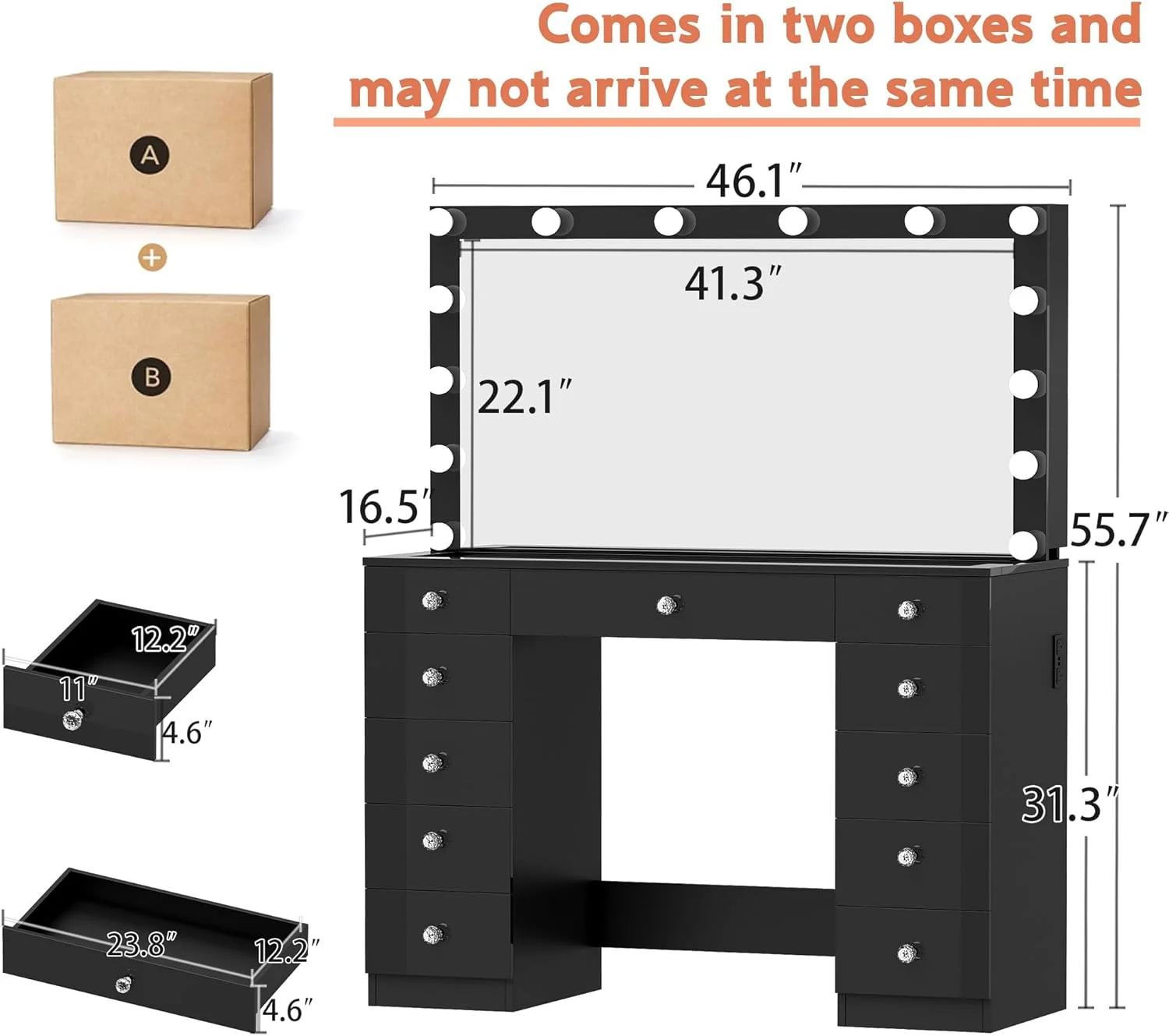 Linor Modern Adult Vanity Desk Set with Mirror, 14 LED Lights, 11 Drawers, Glass Top, White