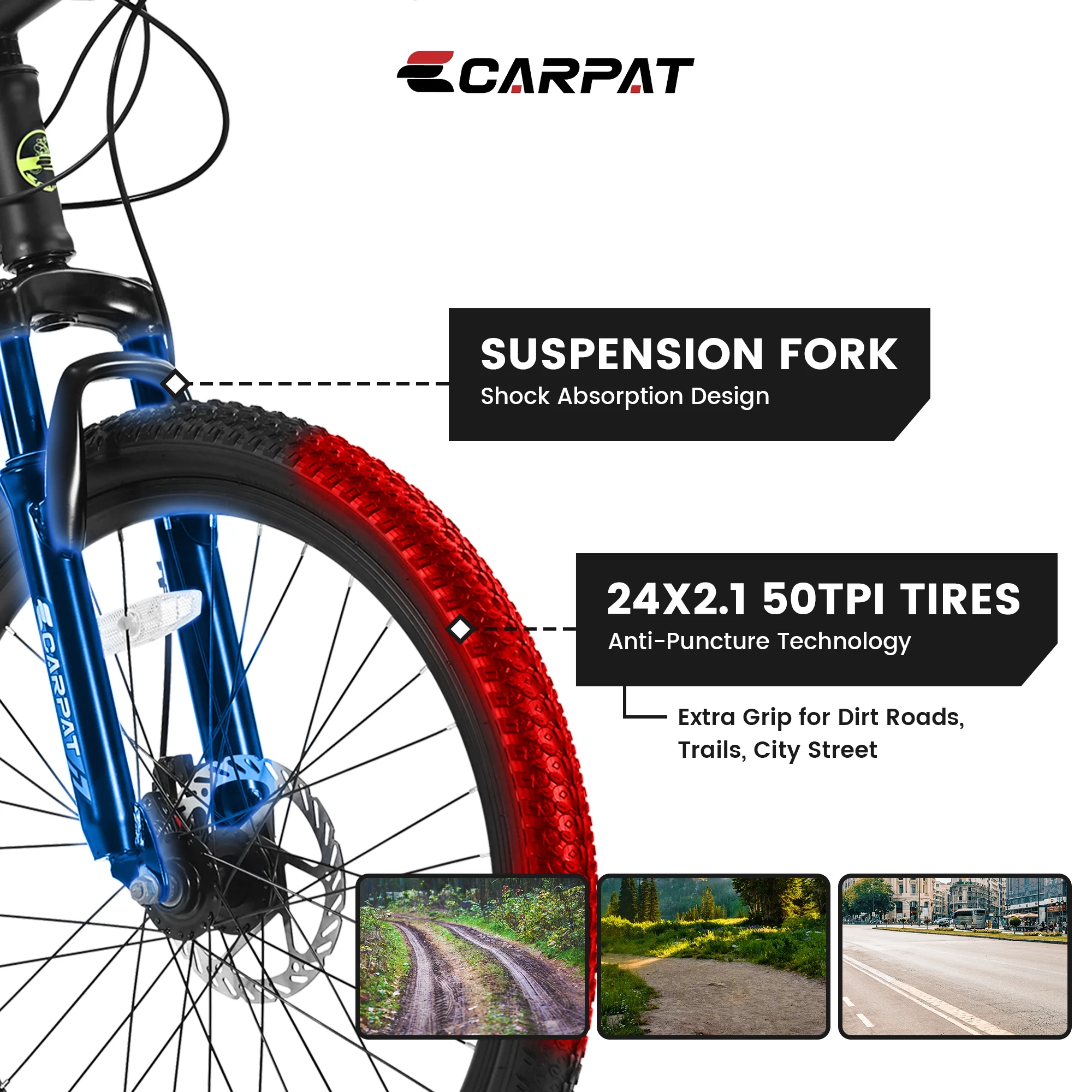 Ecarpat Mountain Bike, 24-Inch Wheels Bikes Shimano 21-Speed with High Carbon Steel Frame Mechanical Disc Brakes Front Suspension Fork for Youth Adults Multiple Colors