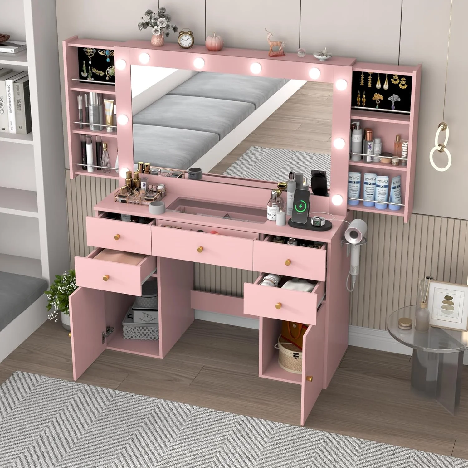 White Vanity Desk with Large Lighted Mirror & Power Outlet, Makeup Vanity Table with Glass Top & Drawers, Sliding Storage, 44.1