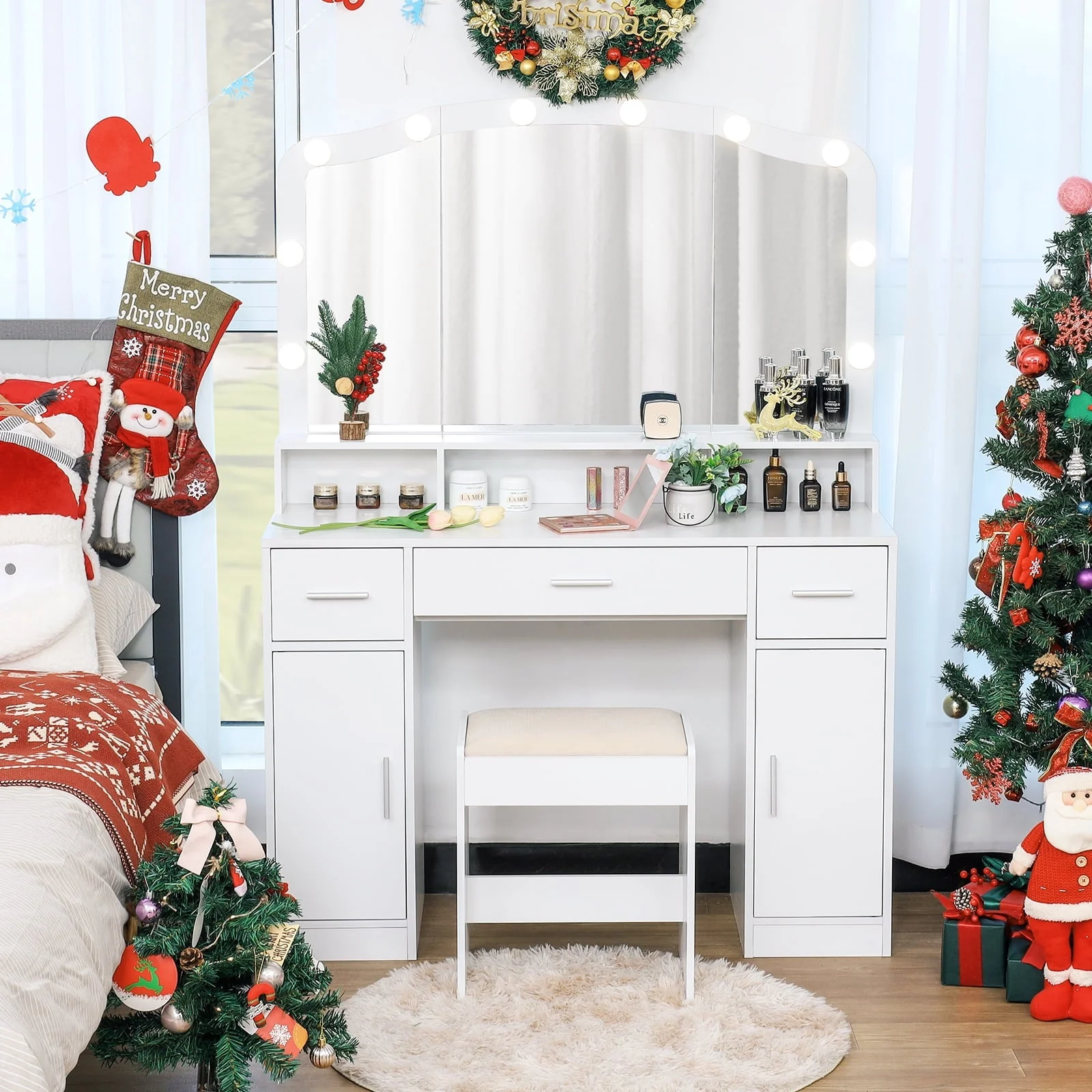 USIKEY Large Vanity Set with Large Lighted Mirror, Modern Makeup Vanity Table with 3 Drawers, 2 Storage Cabinets & 10 LED Bulbs and Cushioned Stool for Women, Bedroom, WhiteSZT32WD