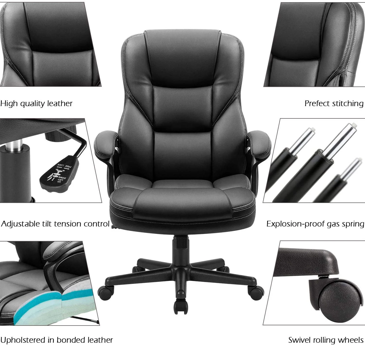 Vineego High Back PU Leather Executive Office Desk Chair Adjustable Business Manager’s Chair Ergonomic swivel Computer Chair with Lumbar Support and Armrest, Black