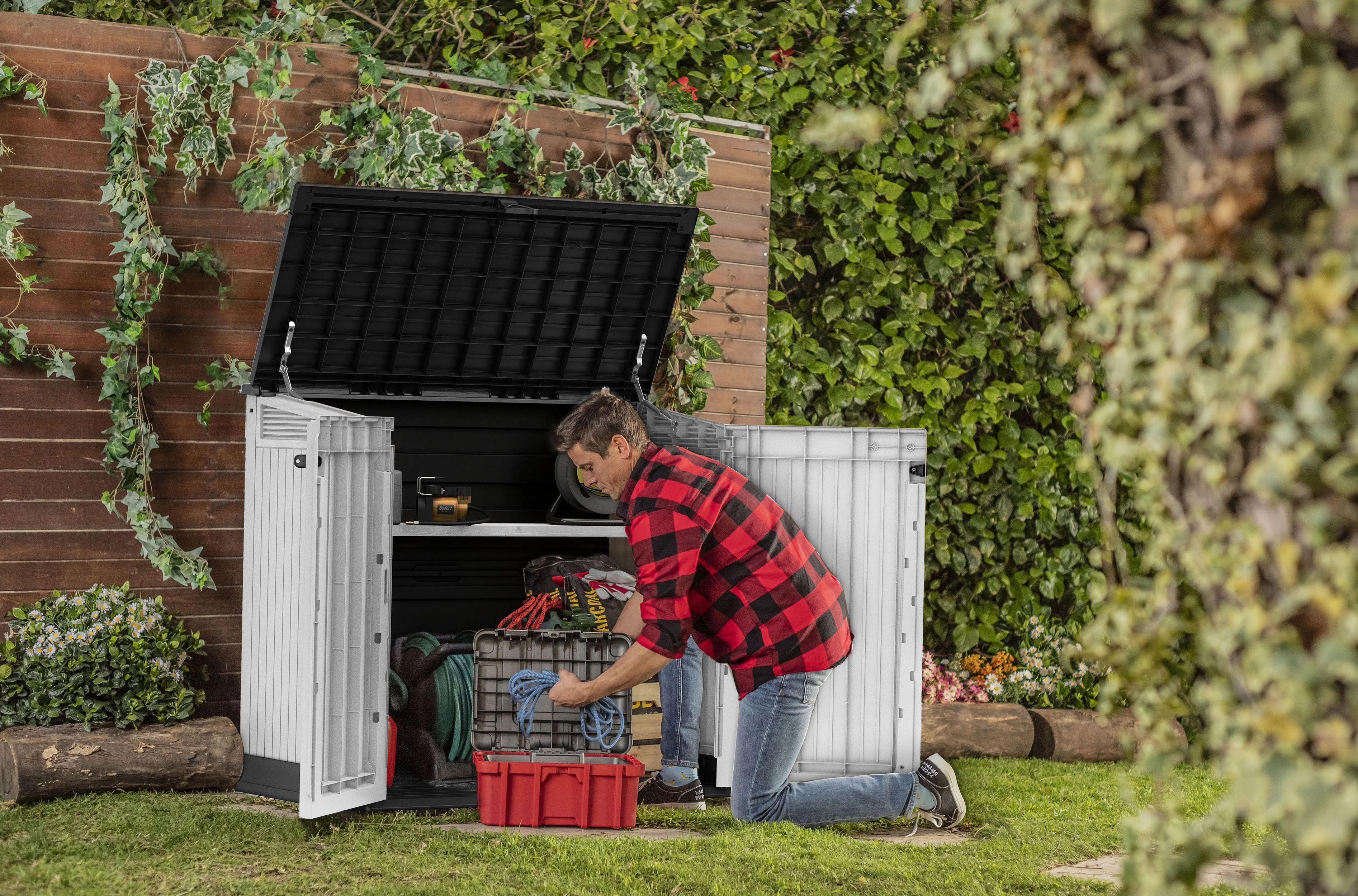 Keter S.I.O Midi 4.3' x 2.3' x 3.7' Horizontal Resin Outdoor Storage Shed with Durable Floor, Grey