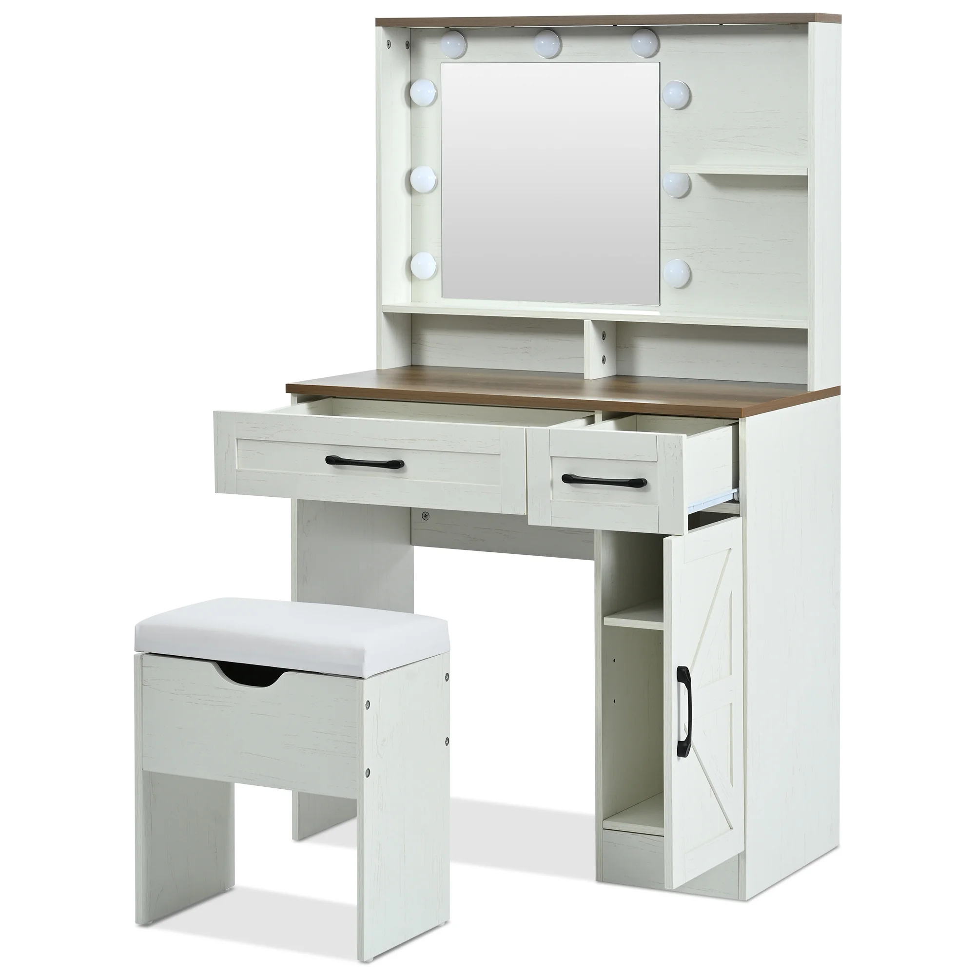 Alvantor Vanity Set Farmhouse Makeup Desk with Mirror and Lights, Adjustable Dressing Table with Stool White