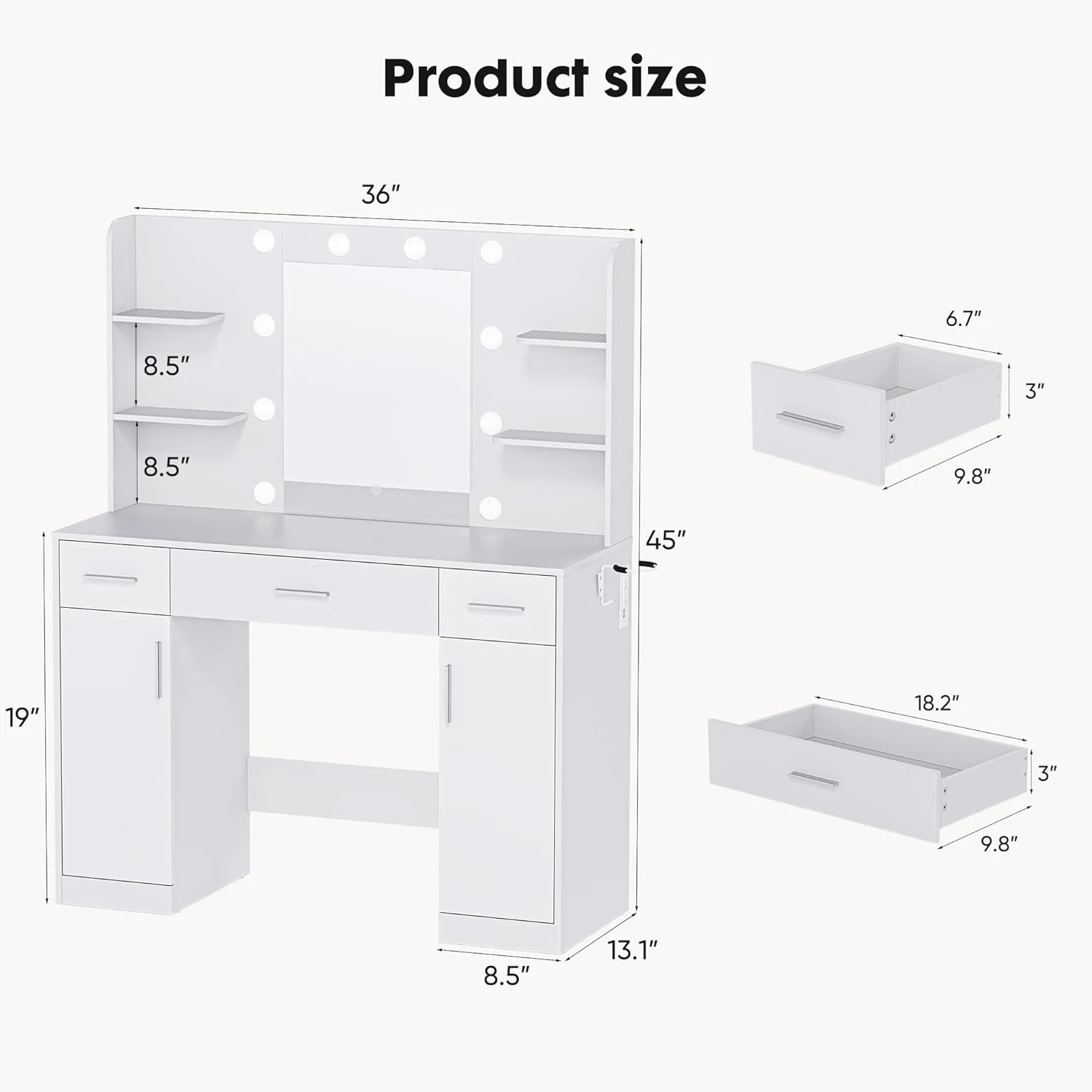 Blorly White Vanity Desk with Mirror, Makeup Vanity Table with LED Lights and Power Outlet, 3 Drawer, 4 Shelves, 1 Cabinet