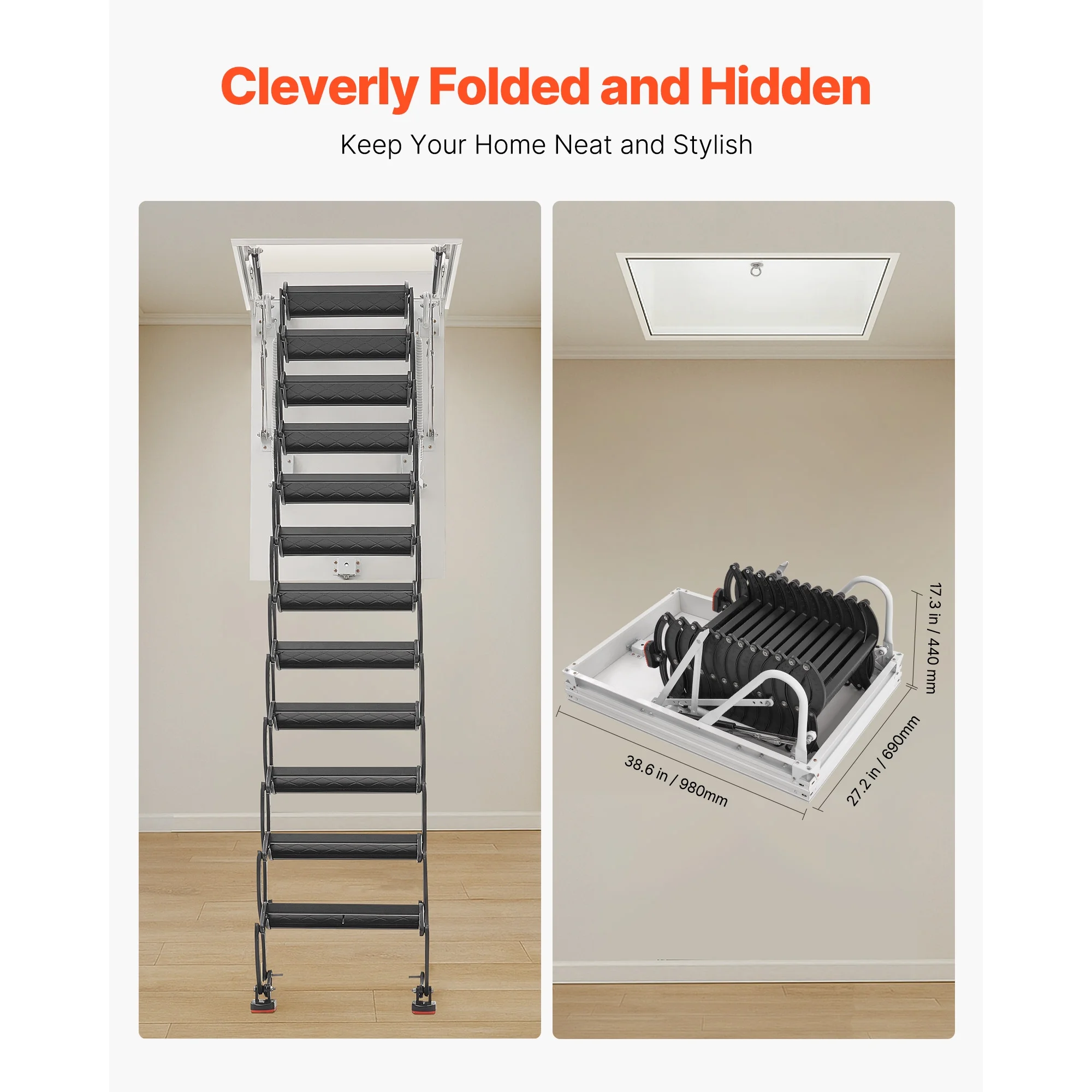 KFFKFF Retractable Attic Ladder, 660 lbs Capacity, Compatible with 9.5-10.2 ft Ceiling Heights and 39.4 x 27.5 inch Openings, Alloy Steel Pull-Down Ceiling Stair with Pulling Rod for Loft Access